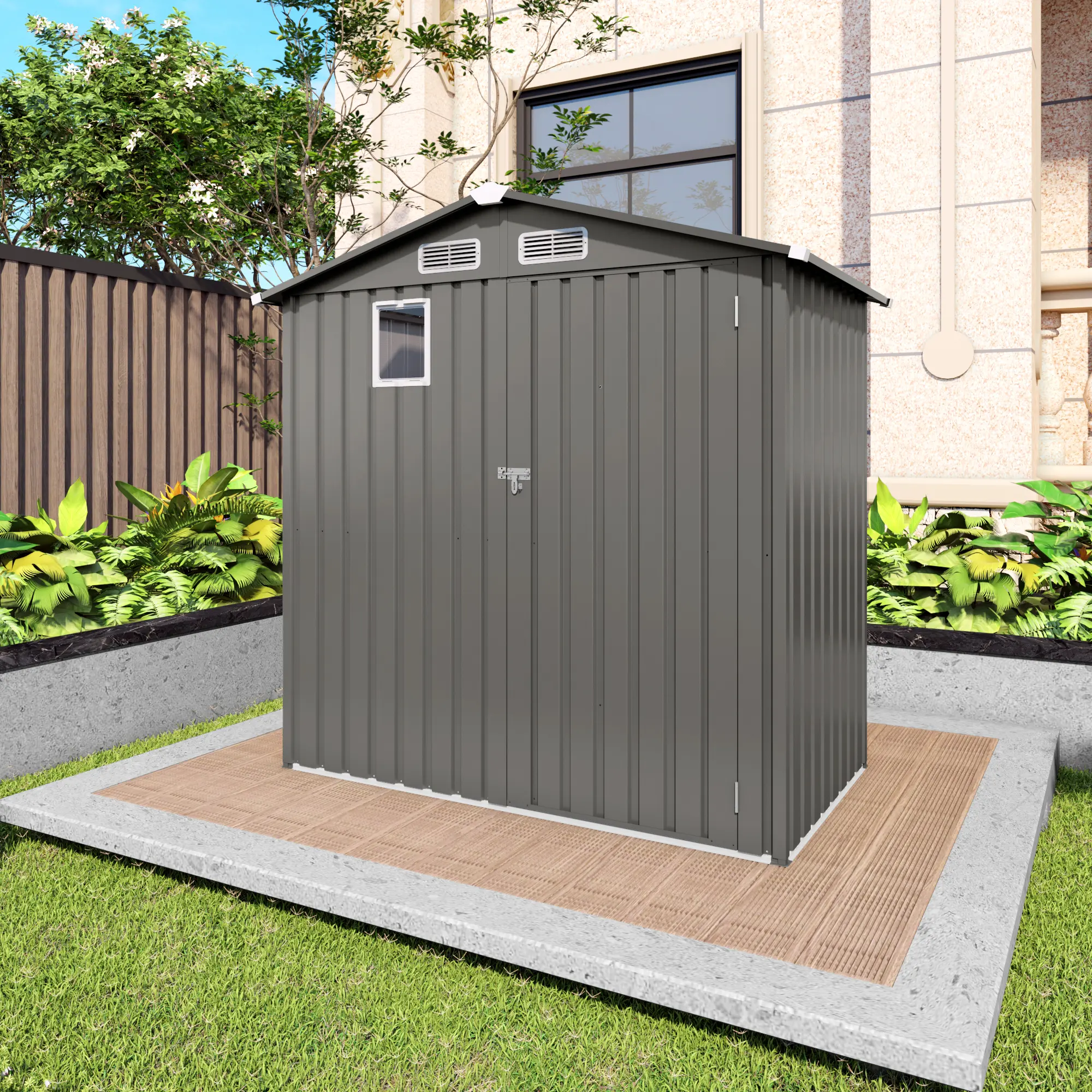 Nokaa Metal Outdoor Storage Shed, Tool Shed with Peaked Roof Watertight with Clear Window and Lockable Door, Compact Metal Tool Room for Garden, Backyard, Patio, Sundries and Bike Storage, Multiple Sizes and Color Options