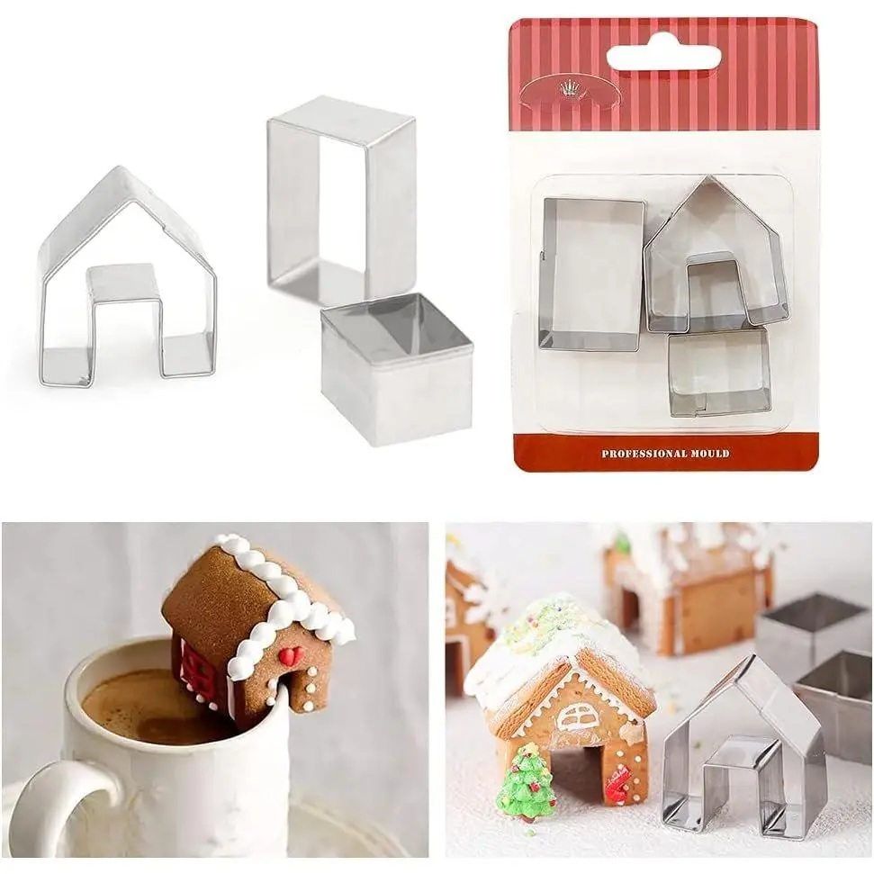 3 count Christmas House Cookie  Set, Mini Ginger House Stainless Steel Cookie ,  Biscuit Mold, DIY Gingerbread Baking Decorating Tools