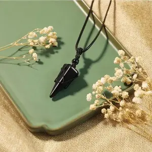 Natural Black Obsidian Hexagonal Point Stone Pendant Men Women Necklace Adjustable Rope Quartz Jewelry for Reiki Energy Spiritual,summervibes Necklinphalt