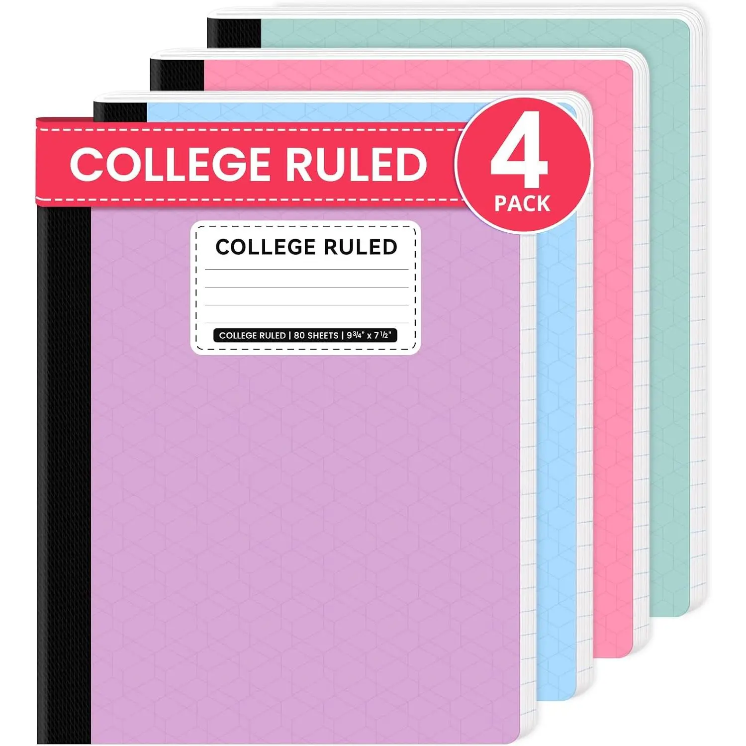 Composition Notebooks College Ruled, 4 Pack Aesthetic Composition Notebooks, 160 Pages (80 Sheets), 9-3/4" x 7-1/2", Pastel Colors,  for School, Office and Note Taking