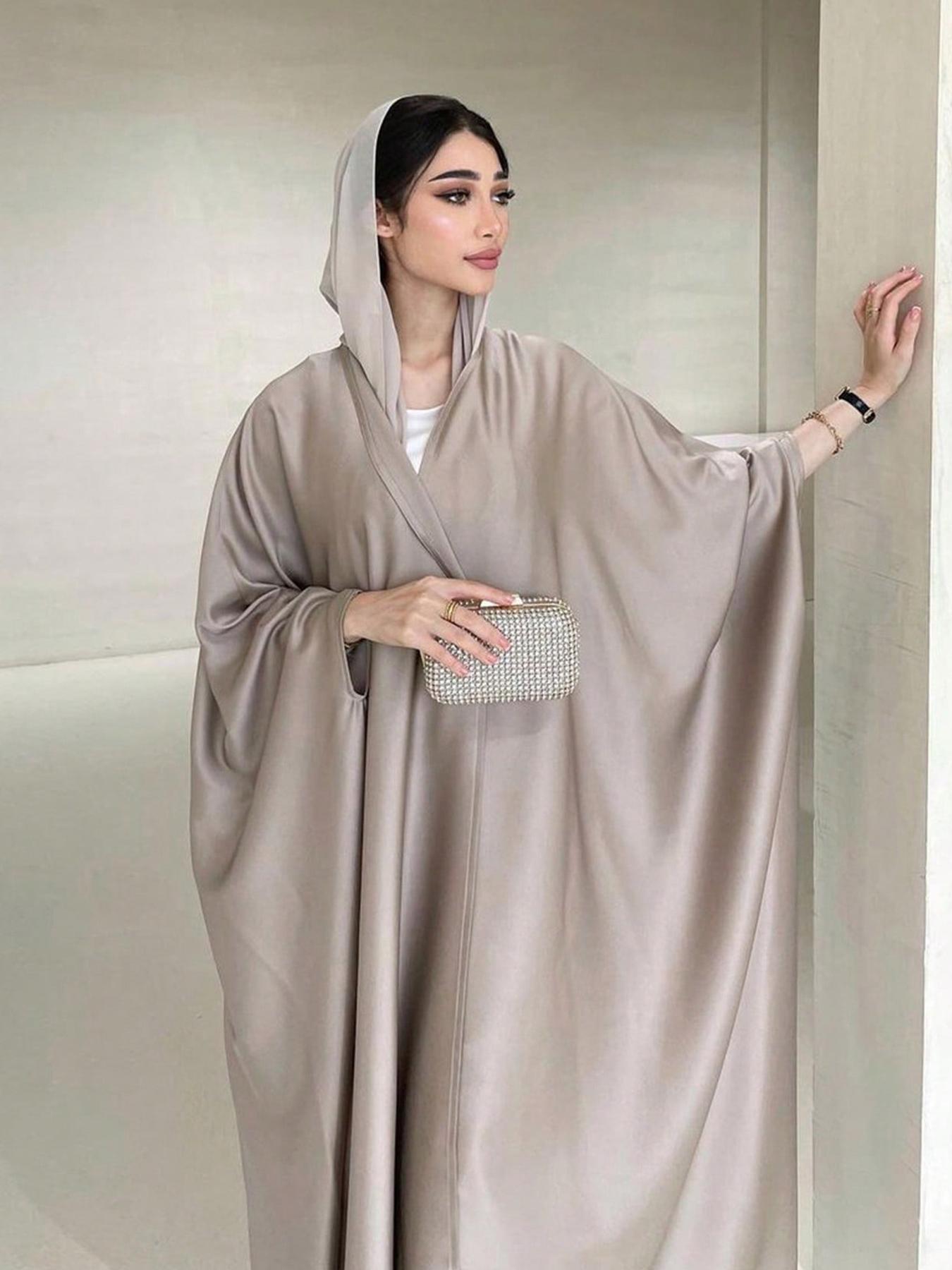 Women's Solid Batwing Sleeve Satin Abaya, Modest Fashion Long Sleeve Open Front Muslim Robe for Daily Wear, Ladies Islamic Clothing for All Seasons, Islamic Modesty Clothes