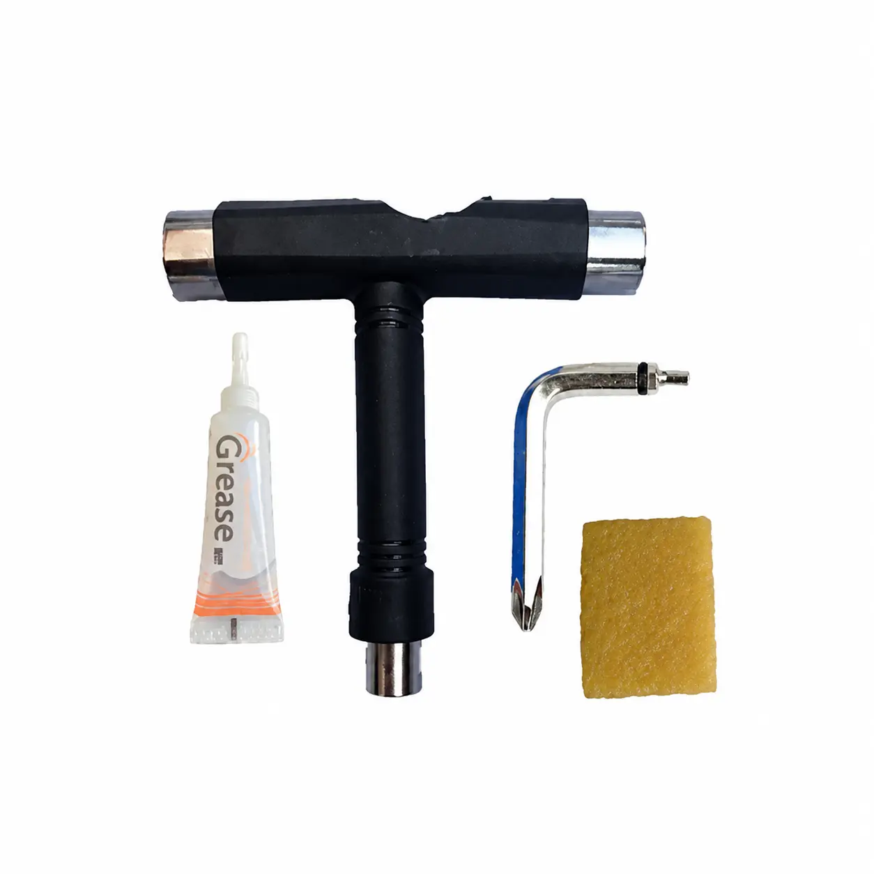 Professional Multi-Function Skateboard Maintenance Kit with Adjustable Wrench, Sandpaper Sheets, Bridge Alignment Tool, Nail Set, and Durable Storage Bag for Longboards, Surfboards, and Electric Scooters