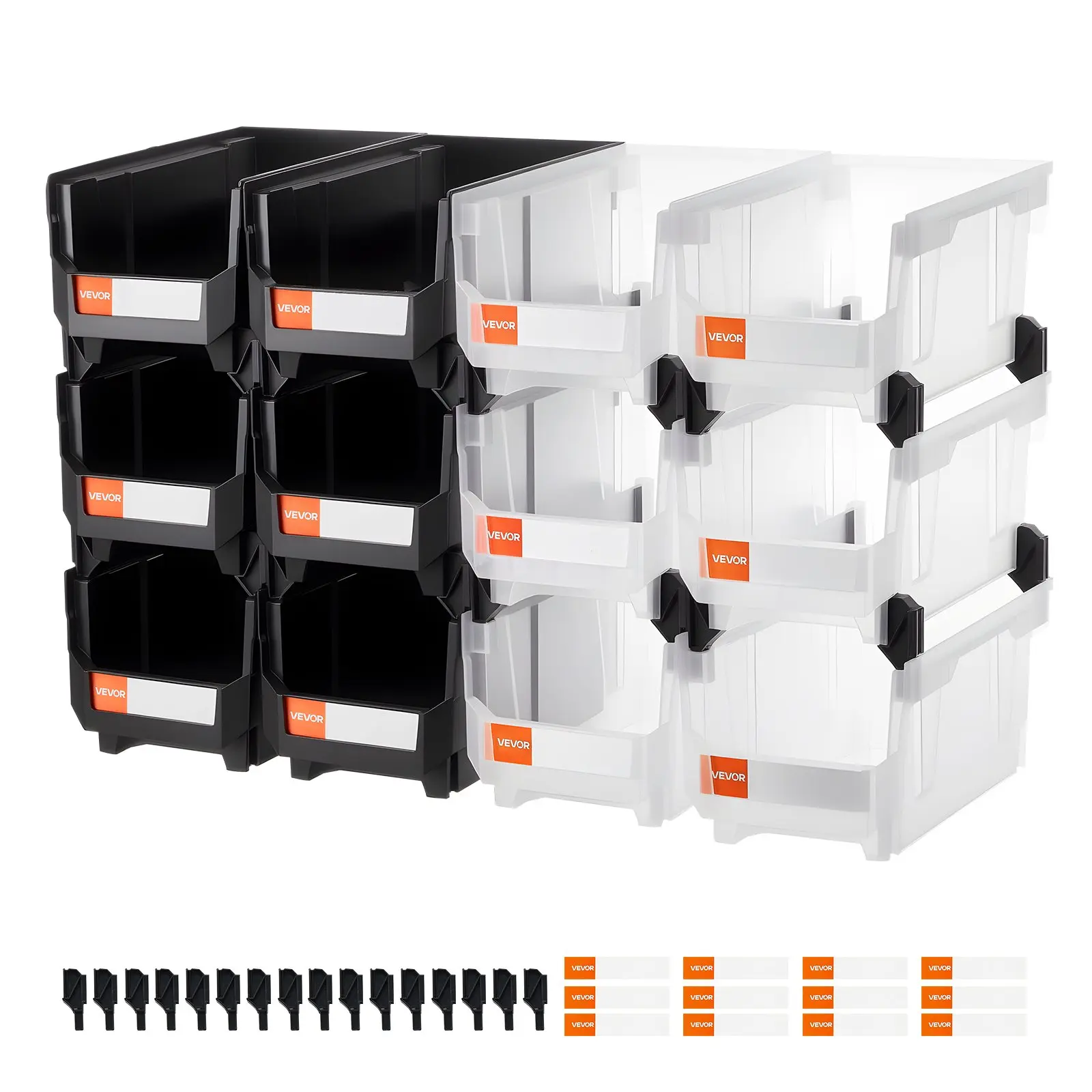 VEVOR Plastic Stackable Storage Bins, 14.8 x 8.5 x 7.1 inch (12 Pack), Plastic Containers for Organizing & Storage Bins for Garage, Small Parts, Office Supplies, Other Accessories, Black & Transparen