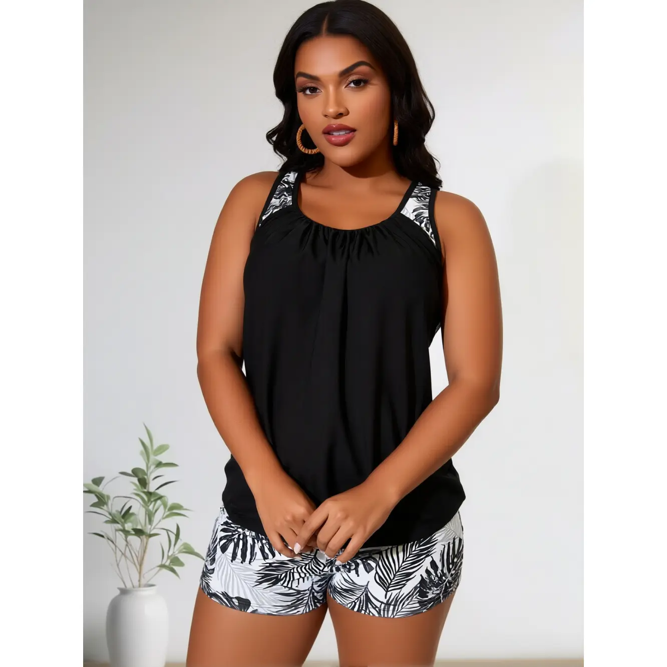 Curvy Tummy Control Tankini Top with Matching Leaf Print Swim Shorts Beach Bathing Suit comfortable beachwear fashion swimsuit