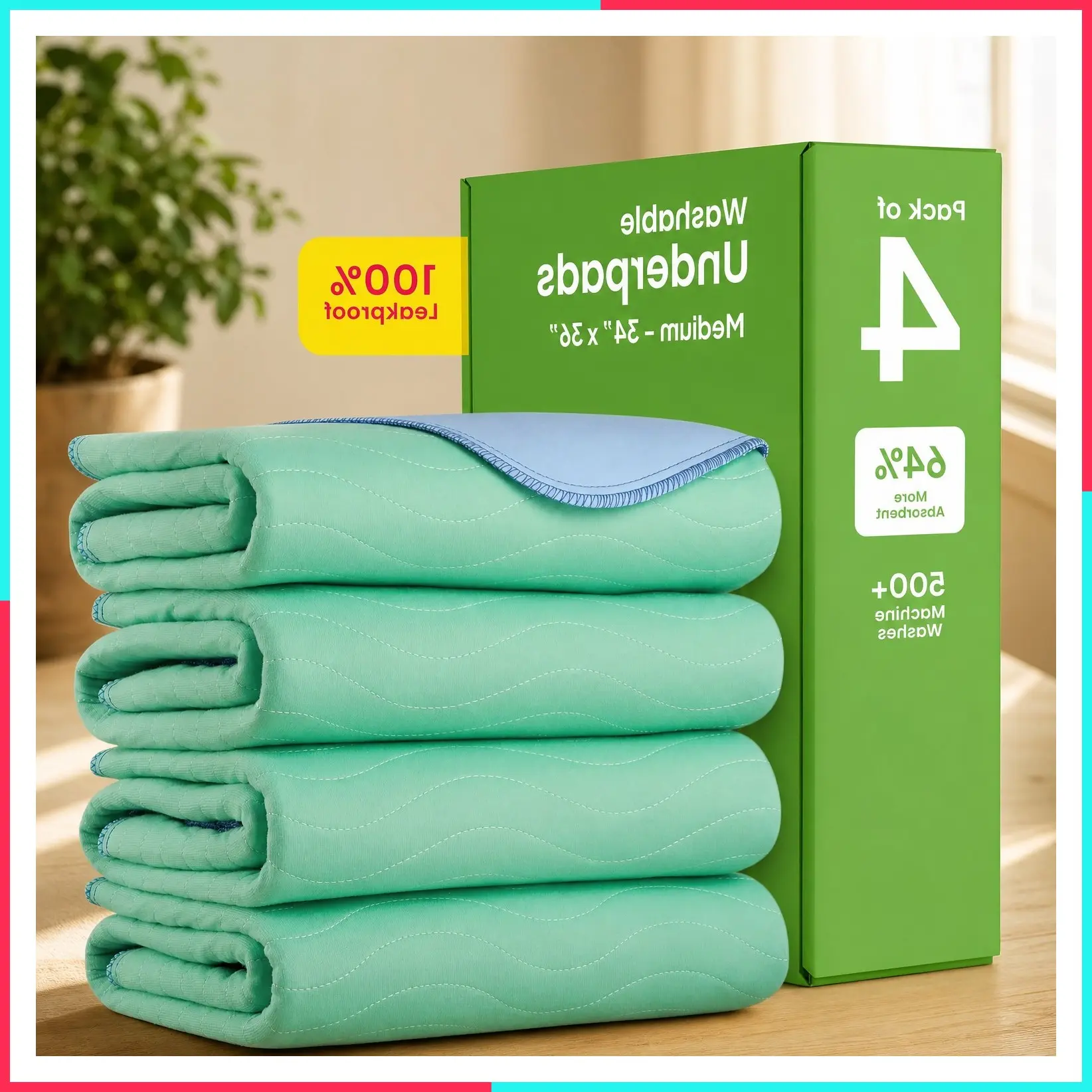 Washable Underpads, 34" x 36" (Pack of 4) - Heavy Absorbency Reusable Bedwetting Incontinence Pads for Kids, Adults, Elderly, and Pets - Waterproof Protective Pad for Bed, Couch, Sofa, Floor