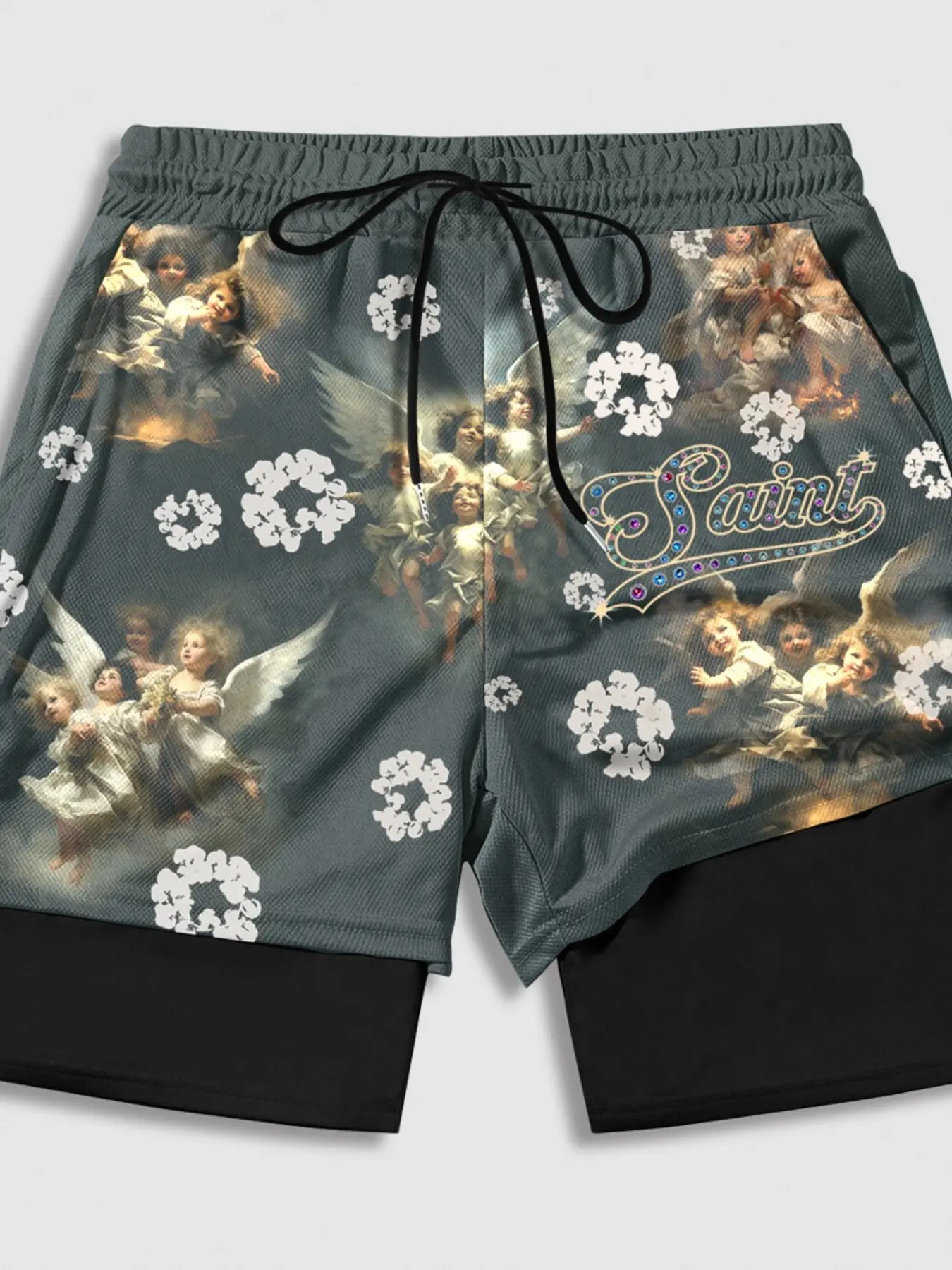 Oil painting angel print double-layer men's shorts, unisex loose fit, hot-selling black mesh faux two-piece shorts, women's retro gold camellia summer breathable fabric, American hip-hop drawstring men's shorts, street style Y2K, Menswear
