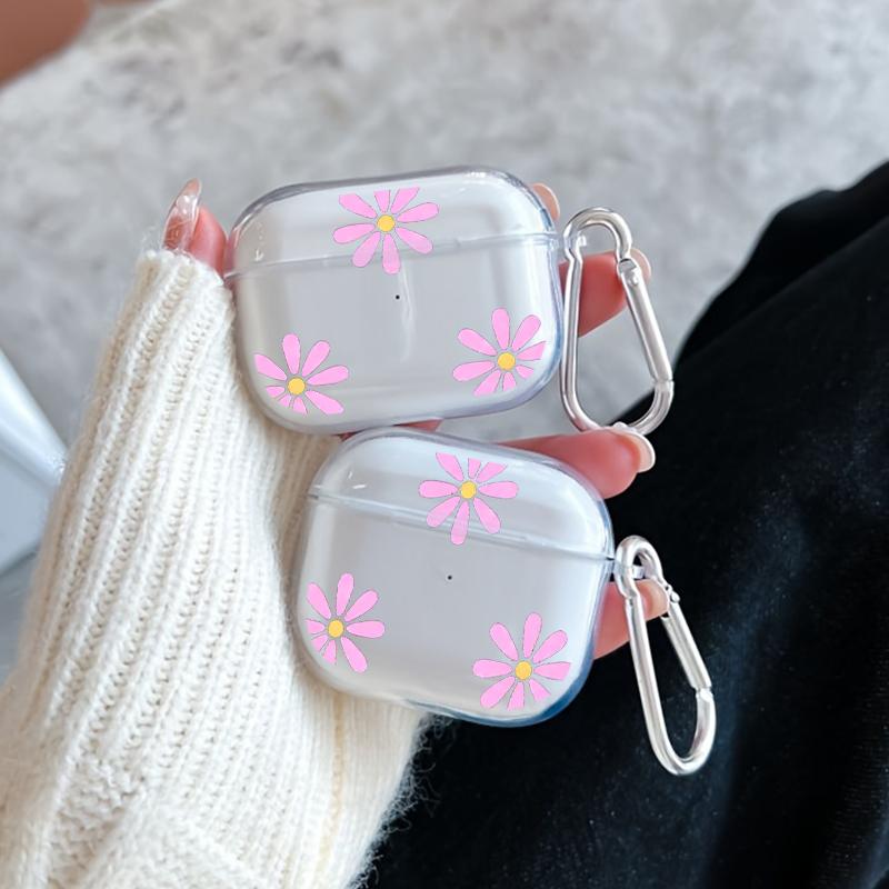 Pink Petal Pattern Pattern Protective Case for AirPods 4/3/2/1/Pro/Pro2 Soft TPU Earphone Cover, Transparent with Keychain