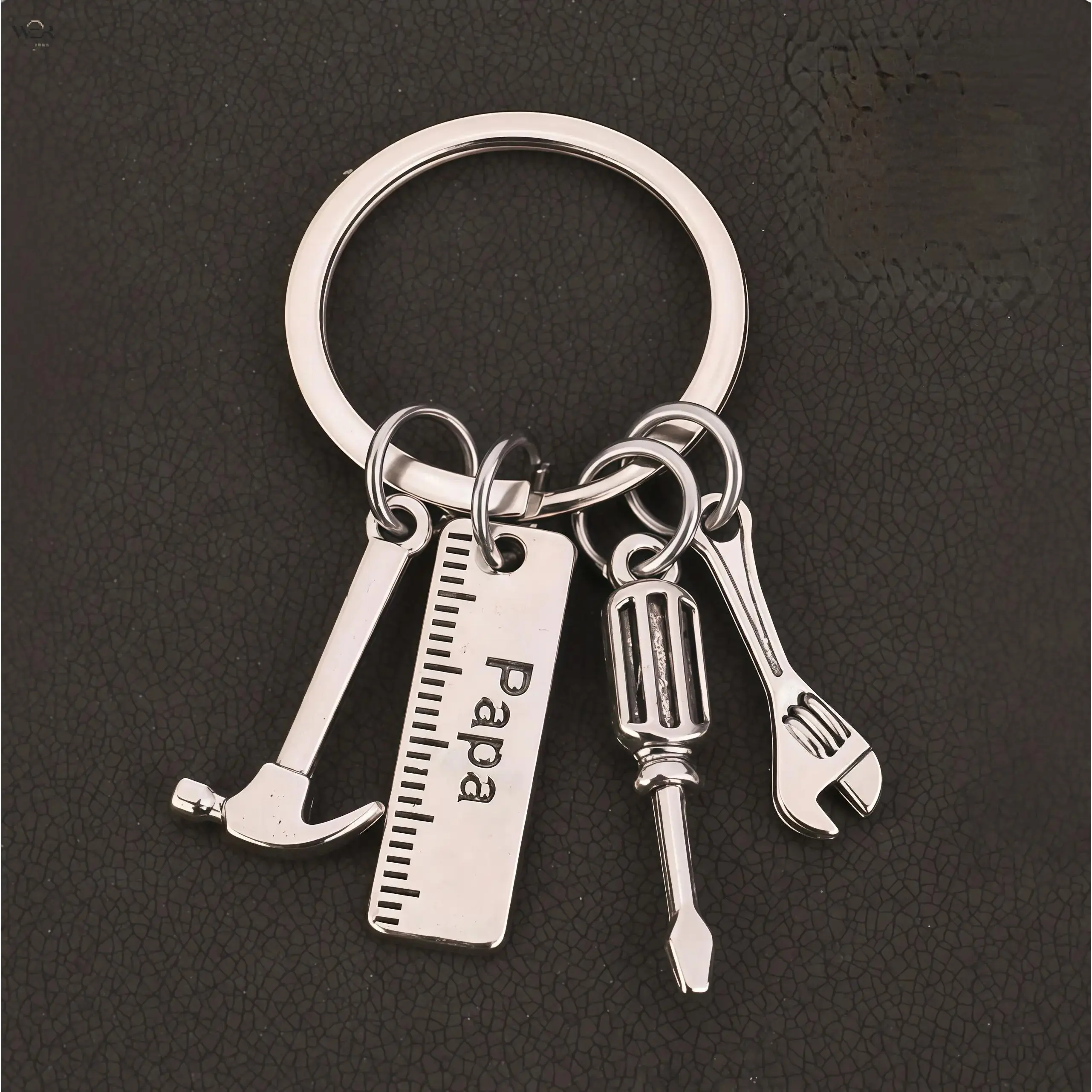 Stainless Steel Mini Tool Charm Keychain - Engraved Hammer, Wrench, Screwdriver, Ruler Pendants - Father's Day Gifts for Dads, Grandpas