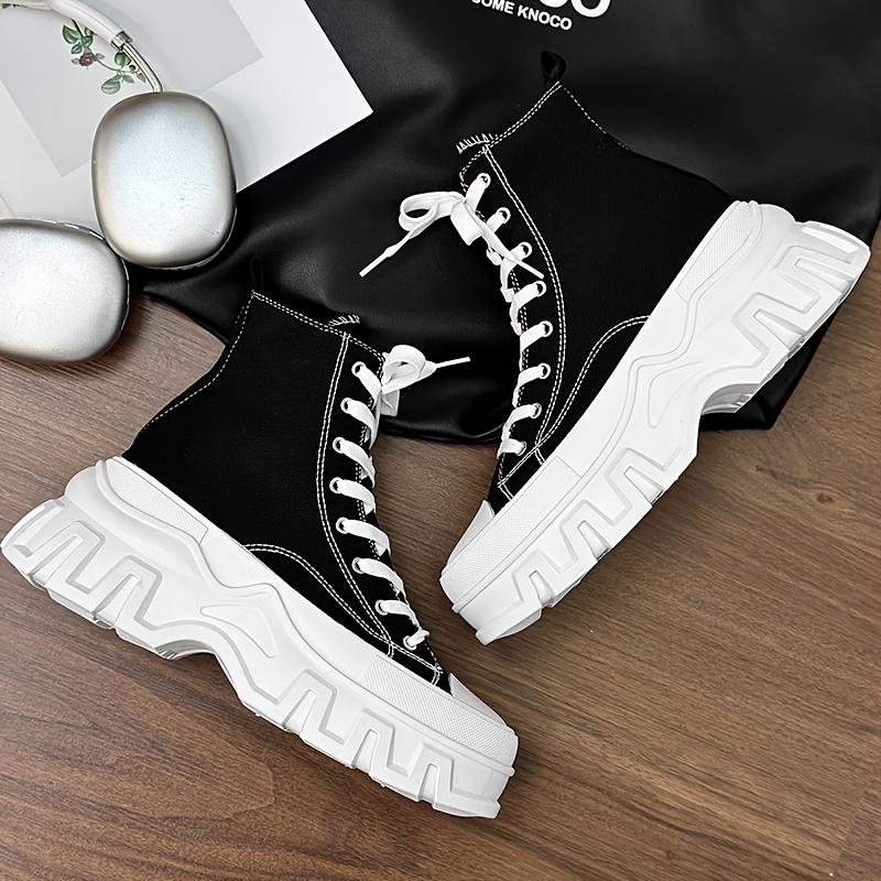 [Stylish High Top Boots] Durable High-Top Boots |   SLNU3 Men's Casual All-Season Footwear - Black Lace-Up with Thick White Sole, Round Toe