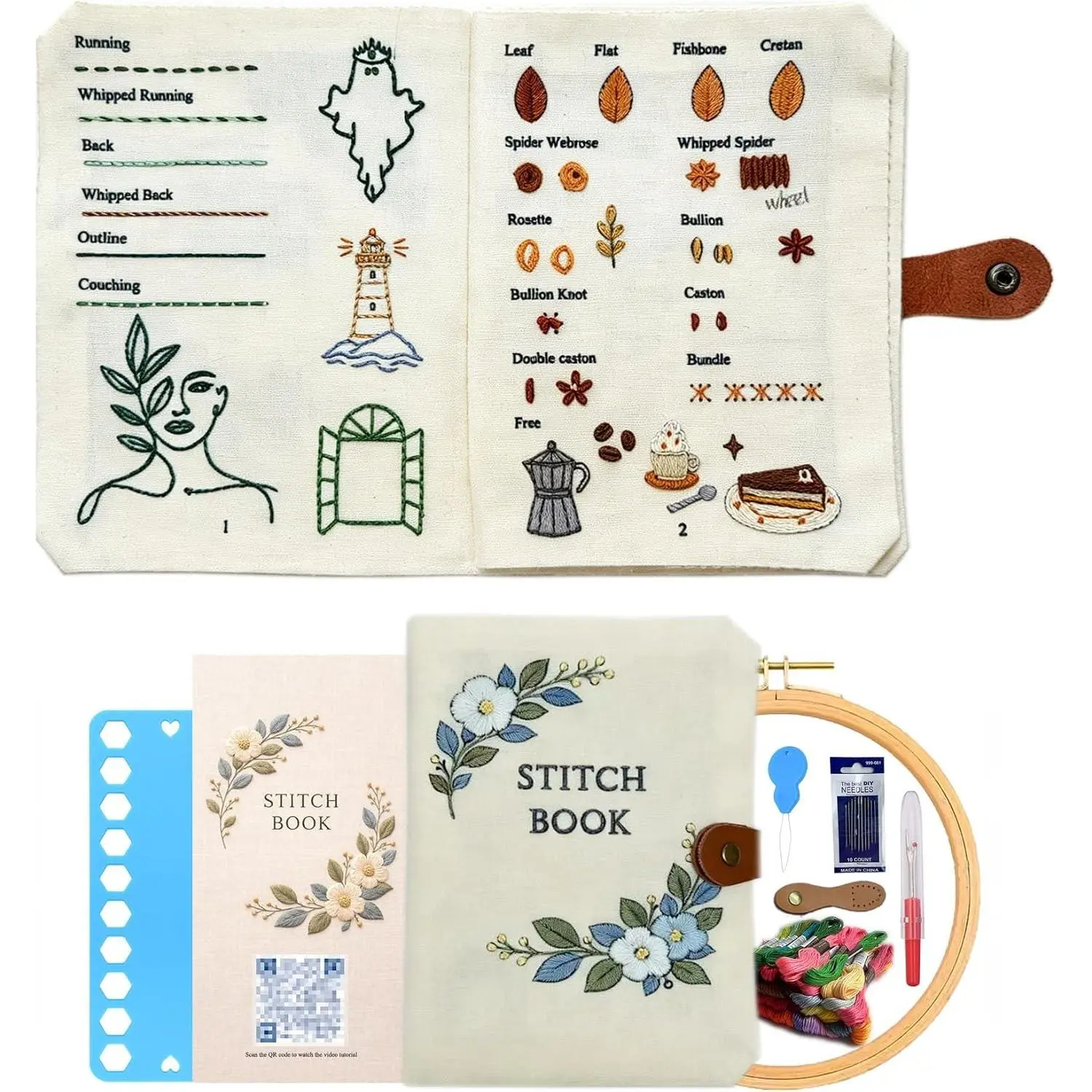 Embroidery Stitch Book Kit for Beginners, DIY Hand Sewing 8×6" Starter Set for Adults with Threads, Tools & Video Tutorials, Master 60+ Stitches, All-in-One Fabric Book Format Craft ProjectGift