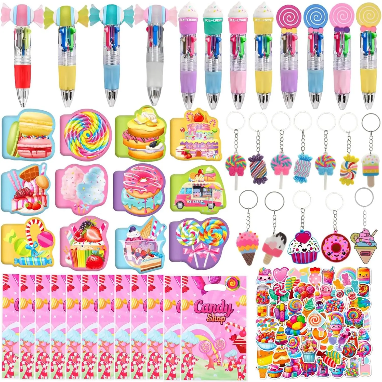 Candyland Party Stationary Gifts Set with Notebooks Pens Keychains for 12 Guests Ice Cream Donut  Sweet Birthday Party Decorations Supplies Goodie Bag Pinata Fillers Stuffers Rewards