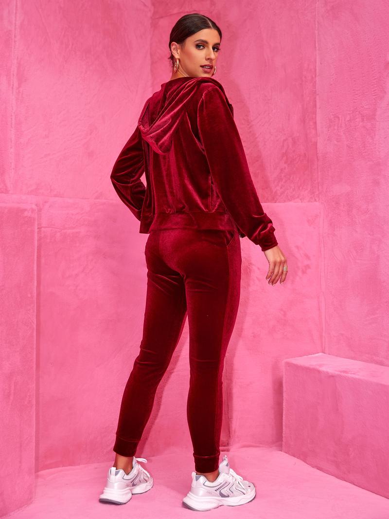 Joyfunear Women's Velvet Tracksuit Set: Hooded Zip-Up Jacket + Jogger Pants