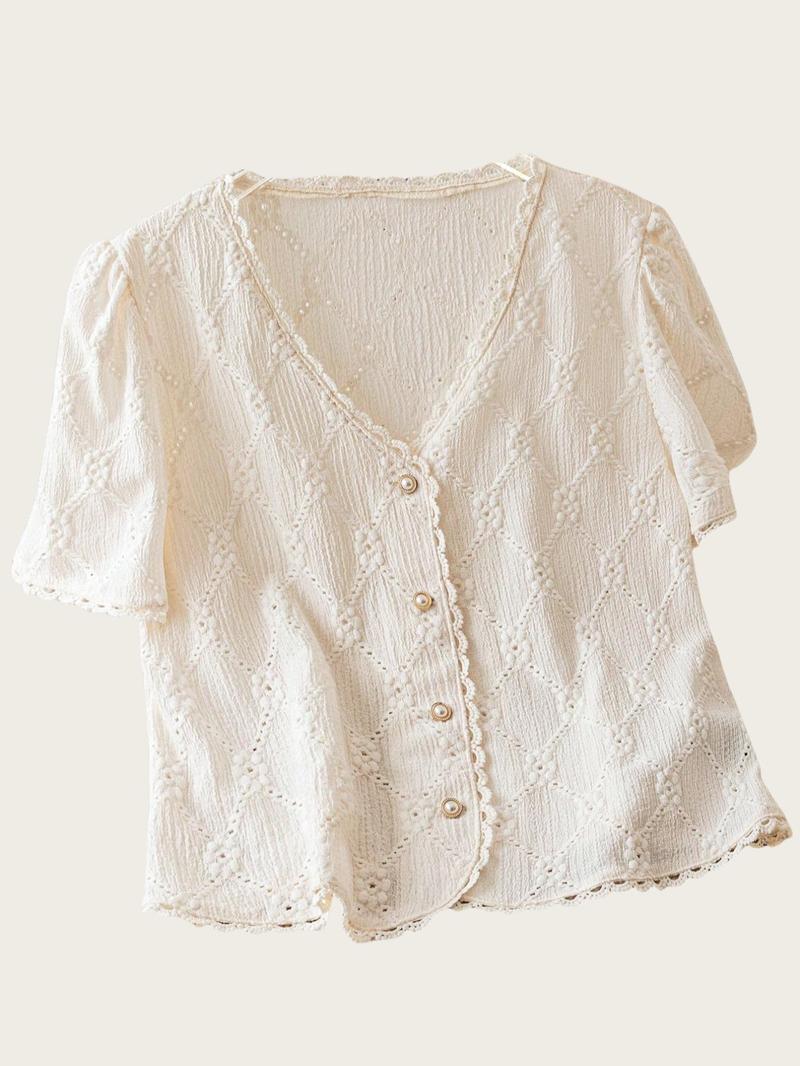 Women's Plain Short Sleeve Button Blouse, Casual Basic Top for Daily Wear, Ladies Clothes for All Seasons