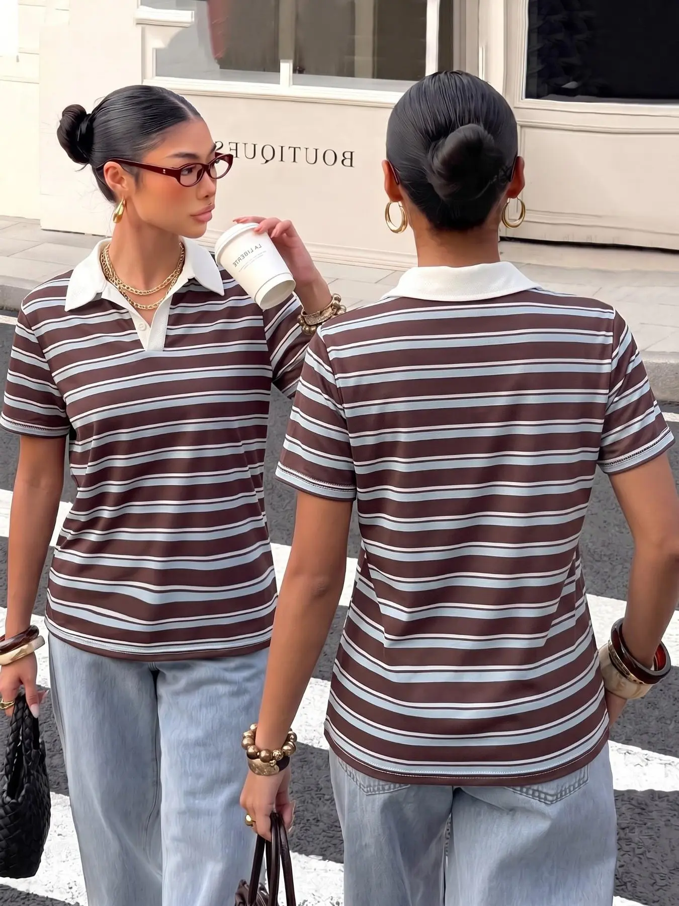 Brown Blue Horizontal Stripe Contrast White Collar Polo Shirt, Striped Polo Shirts Women Vintage Retro Slim Fit Short Sleeve Breathable Knit V Placket Casual Daily Coffee Campus All Season Layering Striped Top