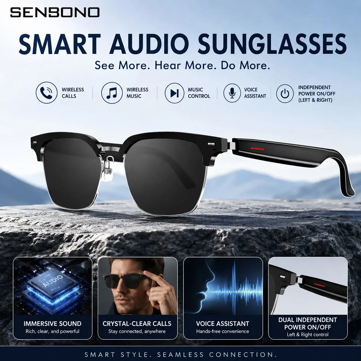 SENBONO Fashion Smart Audio Glasses, Stereo Speakers, Magnetic Charging, Dual 85mAh Battery, Supports Calls and Music Playback, Ideal for Daily Wear