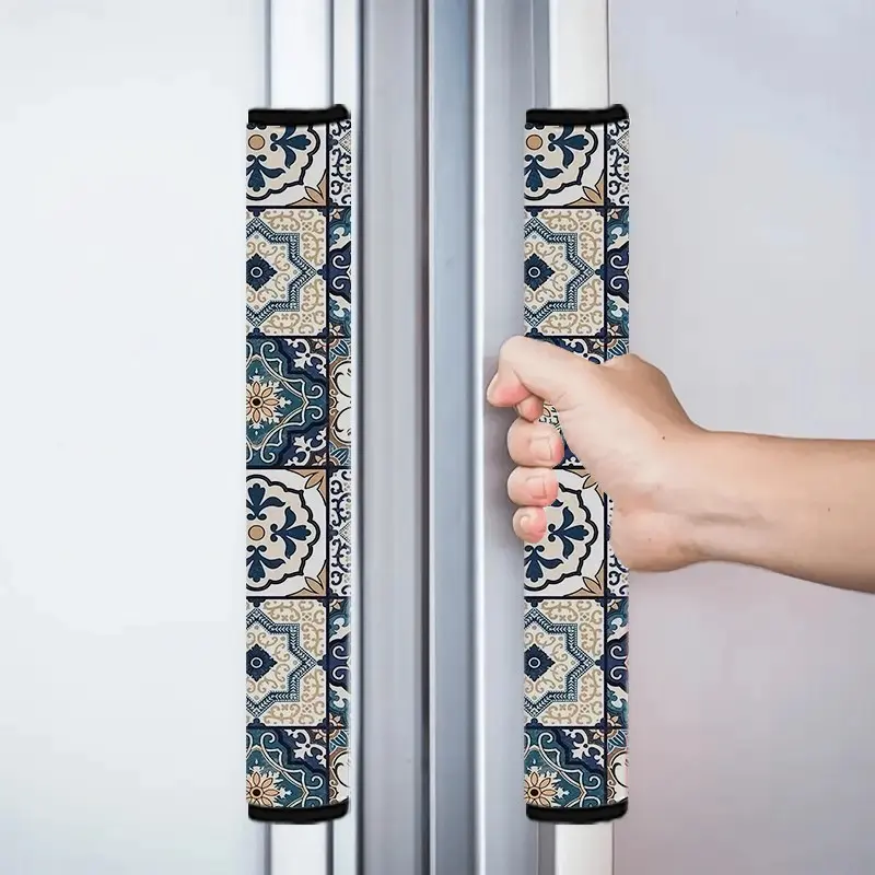 2Pcs Vintage Blue Portuguese Tile Print Fridge Handle Covers, Soft Anti-slip Kitchen Appliance Handle Protector Sleeves Fit Refrigerator Microwave Oven Dishwasher