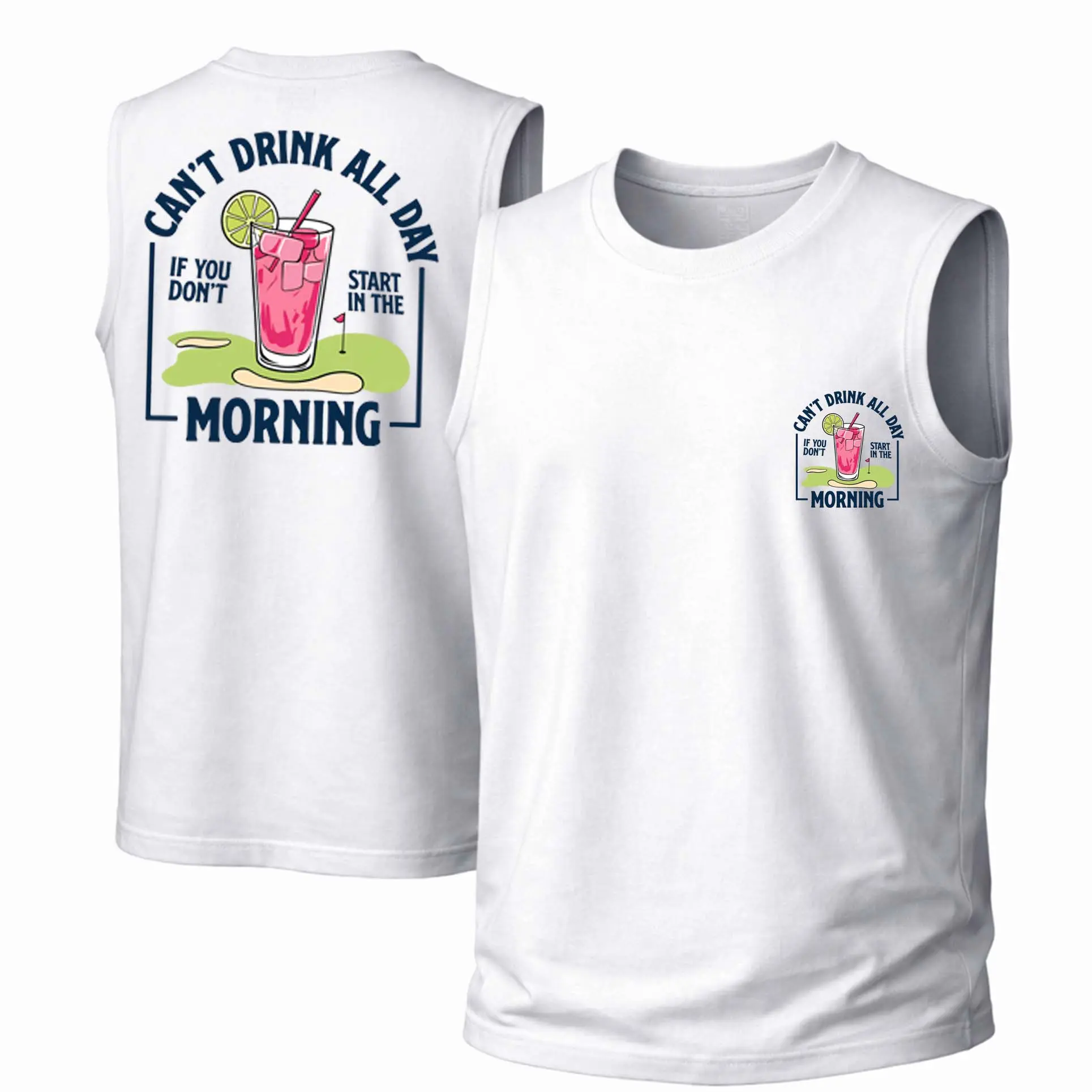 Men's Stylish Crewneck Tanktop with "Can't Drink All Day" Print, Breathable Cotton Streetwear for Summer Outdoor Wear, Stylish Tank