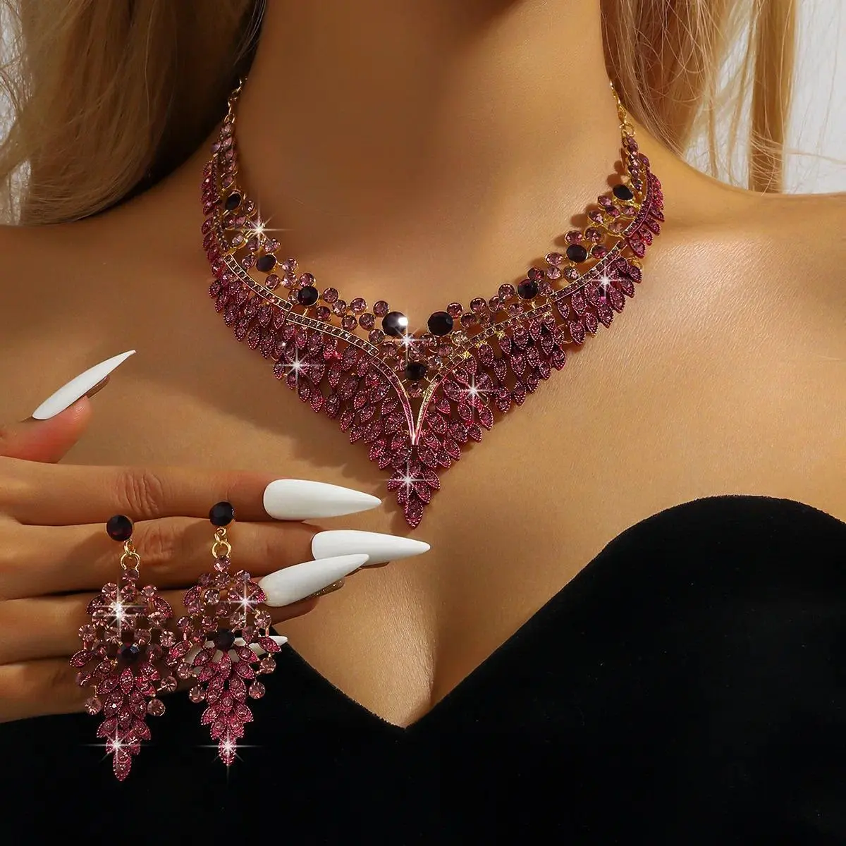 Luxury Purple Crystal Statement Jewelry Set (Necklace+Earrings) Bold Collar Choker for Women Party Wedding Evening Prom Accessor