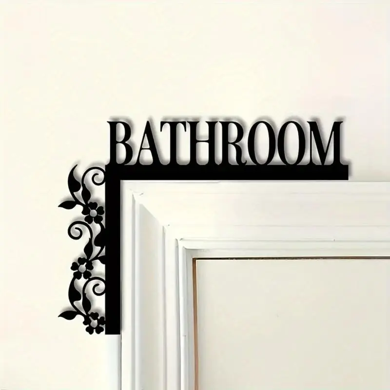 Elegant Metal Bathroom Door Sign, Wall-Mounted Iron Decorative Plaque, Floral Pattern, Home Interior and Bathroom Decoration, Wall Art Plaque, Home Decor Products