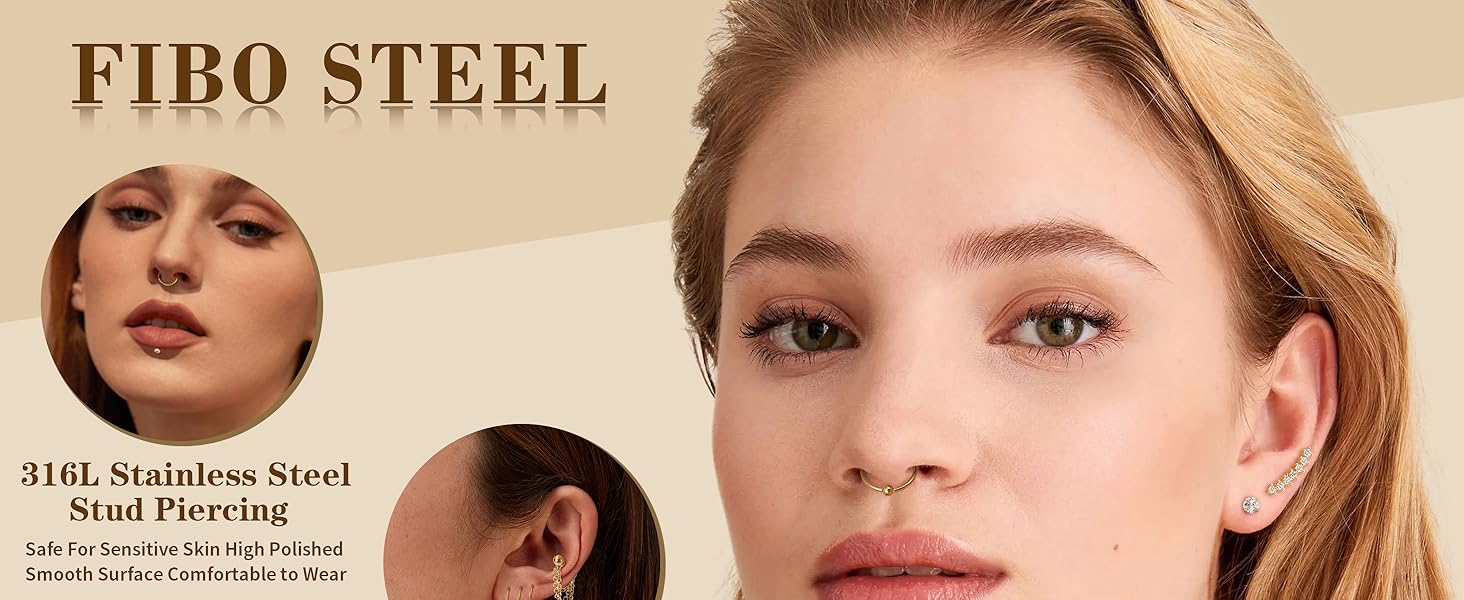 FIBO STEEL 23 Pcs Stainless Steel Cartilage Earring Conch Piercing Jewelry Opal CZ Labret Jewelry Cartilage Stud Helix Earrings Tragus Earrings for Women 16G 20G