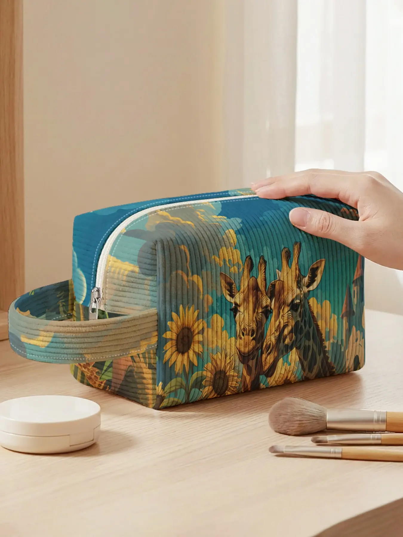 1pc, makeup bag Giraffe & sunflower natural style 2D printed pattern Linen fabric handbag for makeup, reinforced handle + smooth zipper | Stores makeup / toiletries | Versatile for daily outings