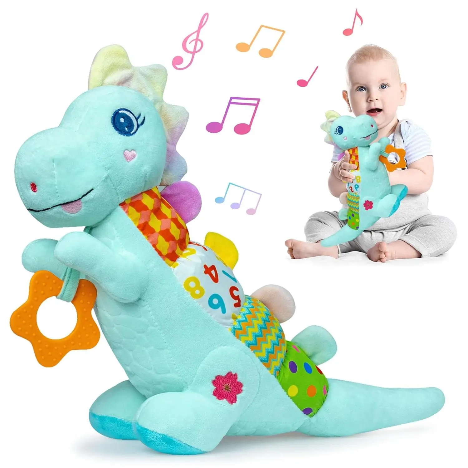 Baby Dino Plush Soft Stuffed Animal Toy  0-3-6-12+ Months,Infant Musical Toy with Rattle,Squeaker,Sensory Crinkle,Teether & Textures,Tummy Time Toys Christmas Baby Gift  Newborn Girl Boy (Blue)
