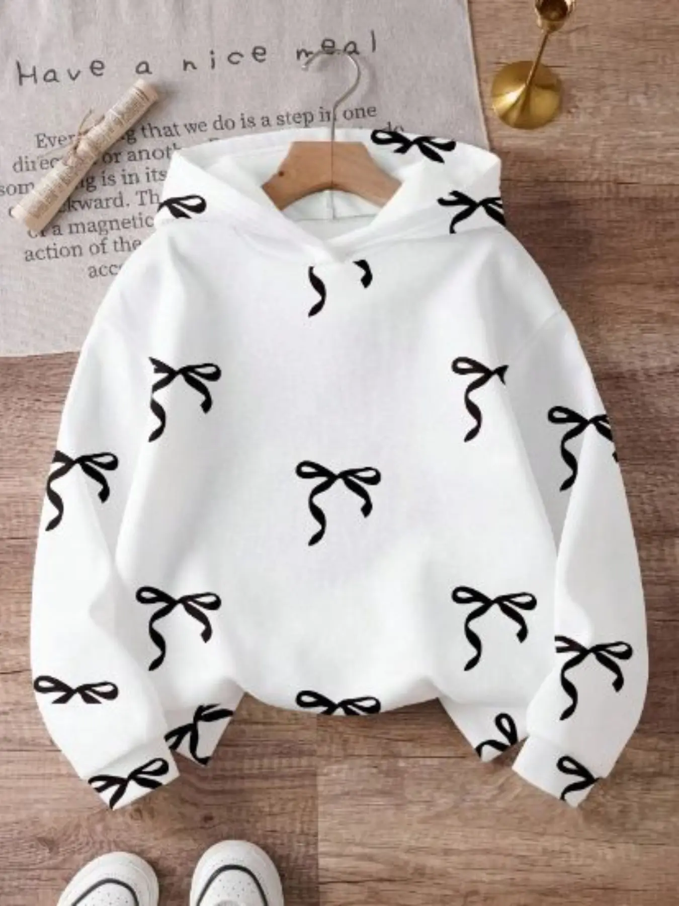 Girls' Bow Full Print Hoodie, Korean Style Simple Print, Loose Fit Casual Pullover, Top, Bow Pullover Sweatshirt