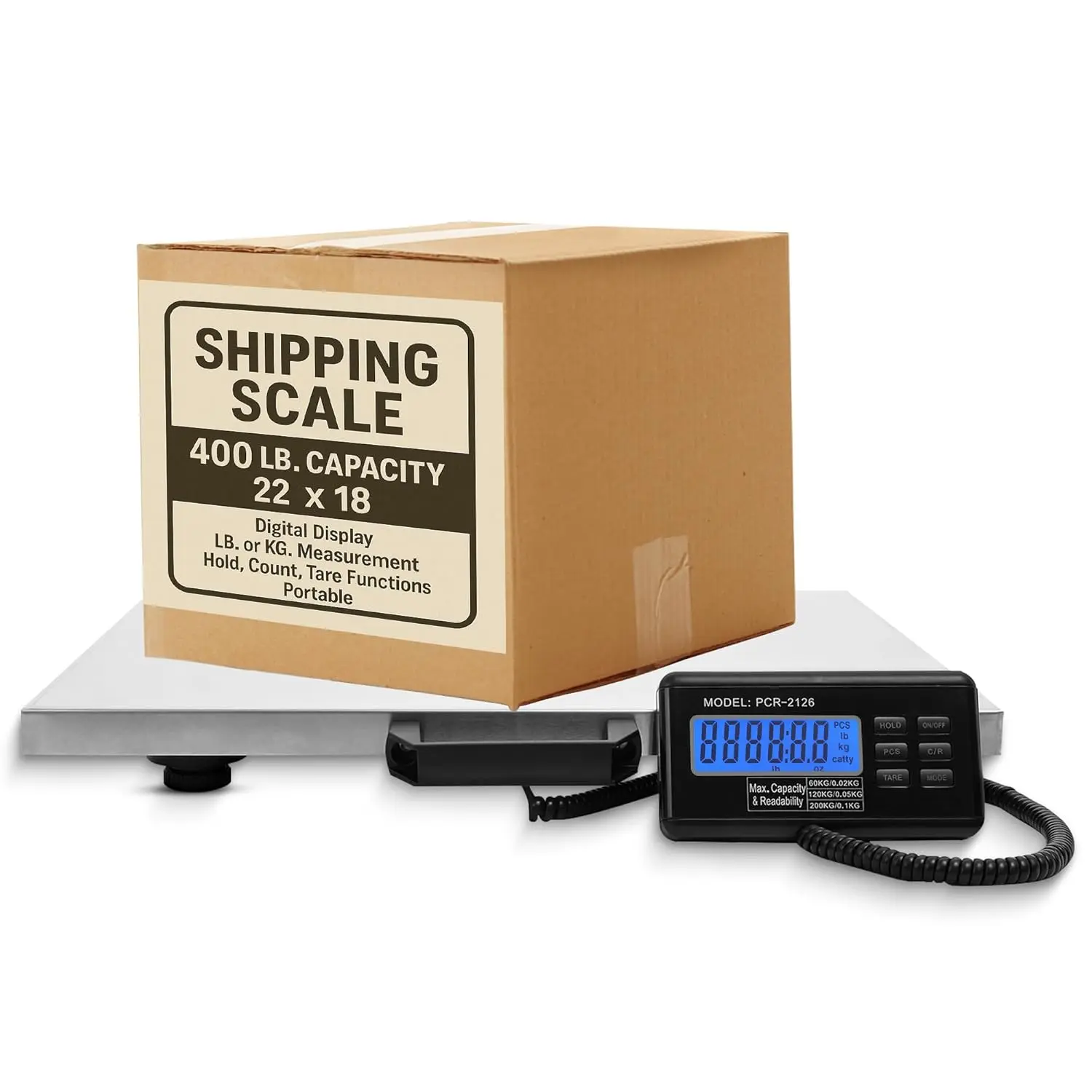 Digital Industrial Heavy-Duty Weighing Scale - 400lb Floor Shipping Scale, 22in x 18in Stainless Steel Platform, 0.2 lb Precision, LED Display, Plastic Build, Side Handle, for Commercial Package Measuring, Farm Use