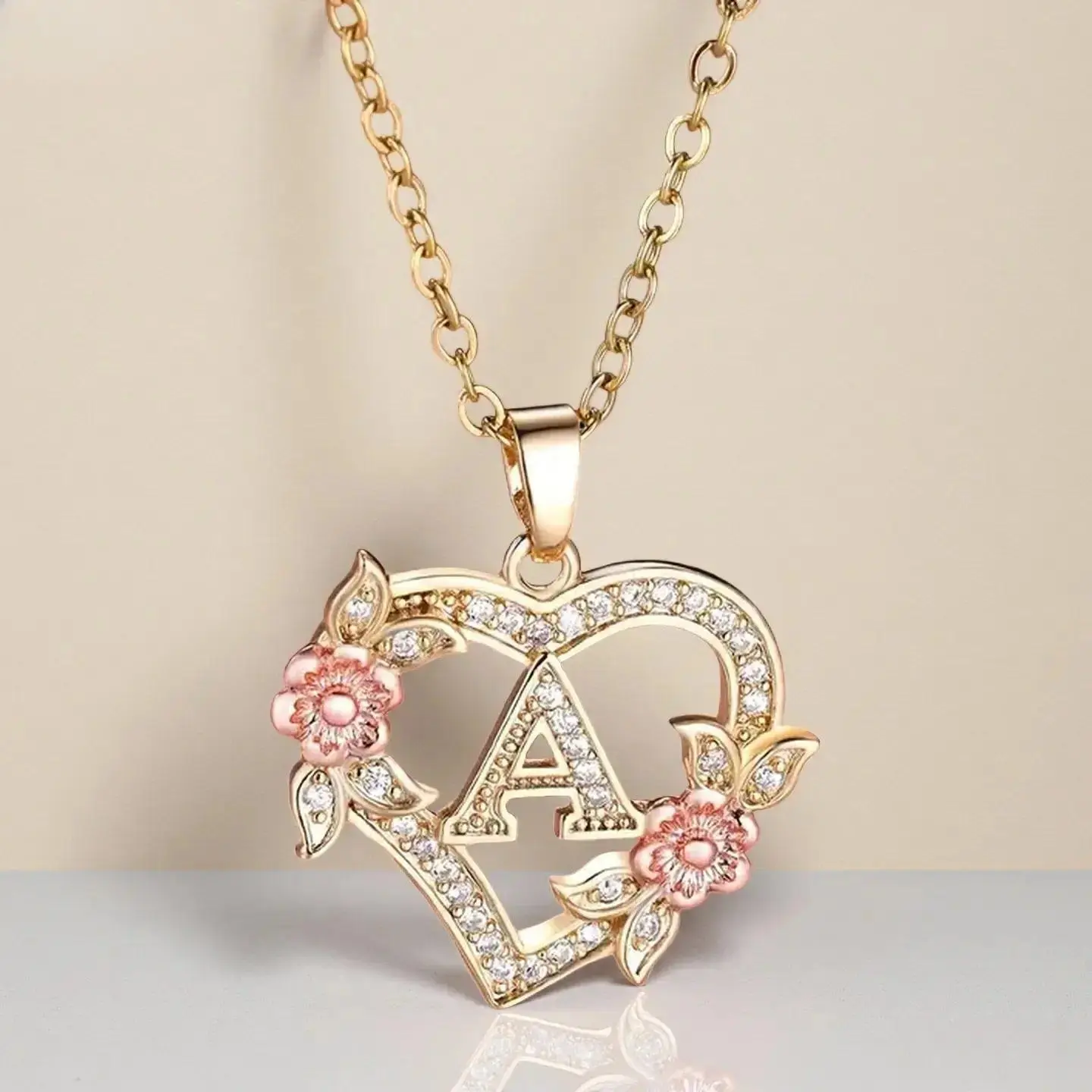 Floral Heart Initial Necklace, Gold Plated with Crystals & Pink Flowers, Personalized Letter Pendant, Perfect for Gifts, Birthdays & Bridesmaid Sets, Jewelry For Women, Accessories For Women, Custom Made Necklace, Metal Plated Gold, Custom Necklace