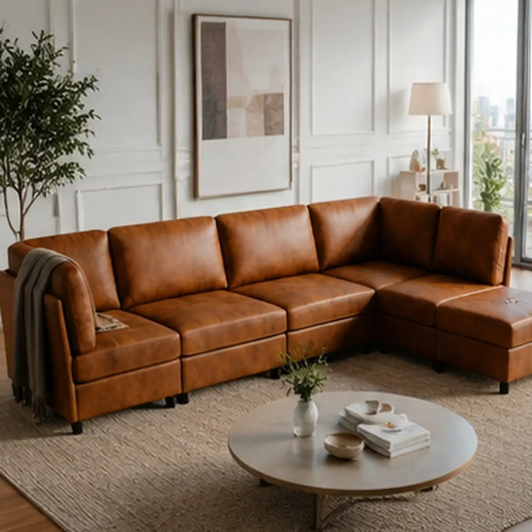 ARCH 6-Seat Modular L-Shape Boneless Sectional Corner Sofa with Ottoman, Mid-Century Modern Indoor Furniture, Wood Frame, Polyester Fabric, Soft Foam Cushions, Armless Loose Back, Light Brown/Dark Gray Options, Boneless Couches
