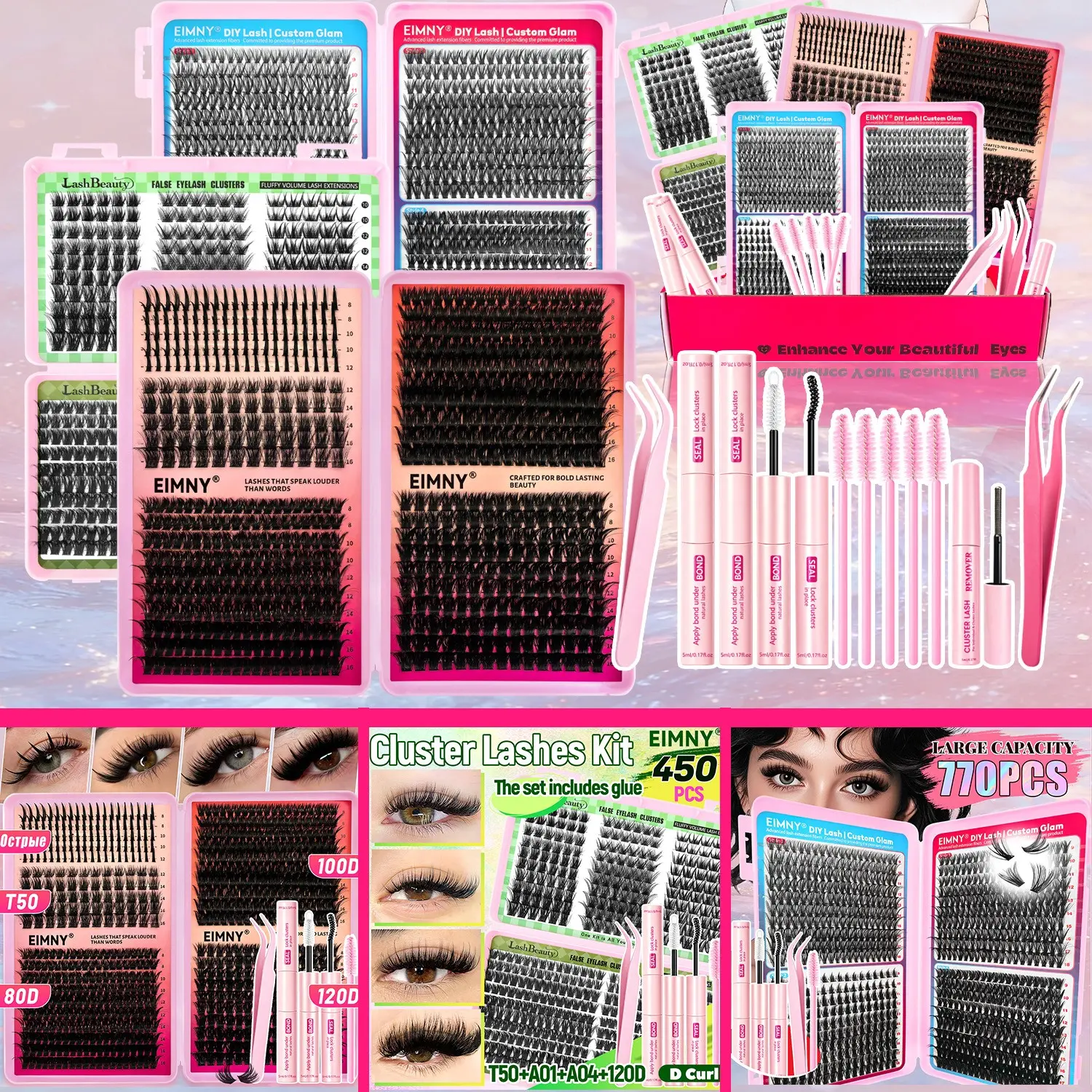DIY Lash Clusters Kit – Waterproof, Fluffy & Lightweight, Mixed Lengths for Natural Look, Includes Glue, Remover, Tweezers & Brush. Easy DIY at Home! Eye Makeup Enhancement False Eyelashes for Women, Volumized Fake Eyelashes. Volume Eyelash Clusters