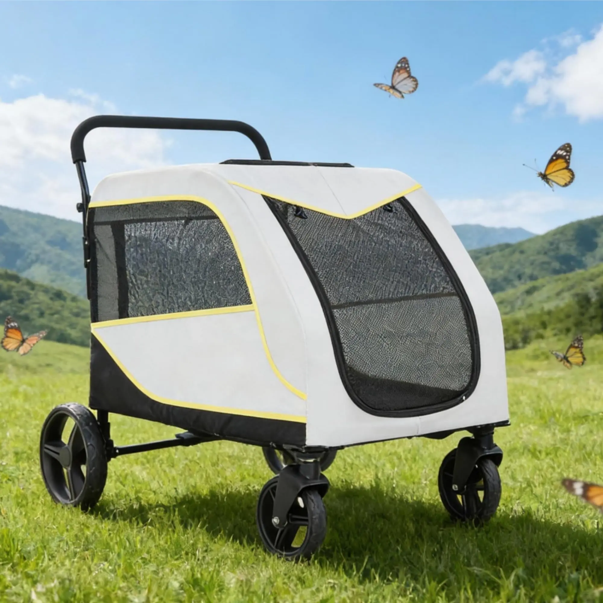 Large Dog Stroller – Heavy Duty, All-Terrain 4-Wheel Pet Wagon for Big Dogs & Cats up to 176 lbs, Collapsible, Dual Entry, One-Foot Brake, Canopy, Storage Basket, Breathable Mesh, Ideal for Senior or Injured Pets