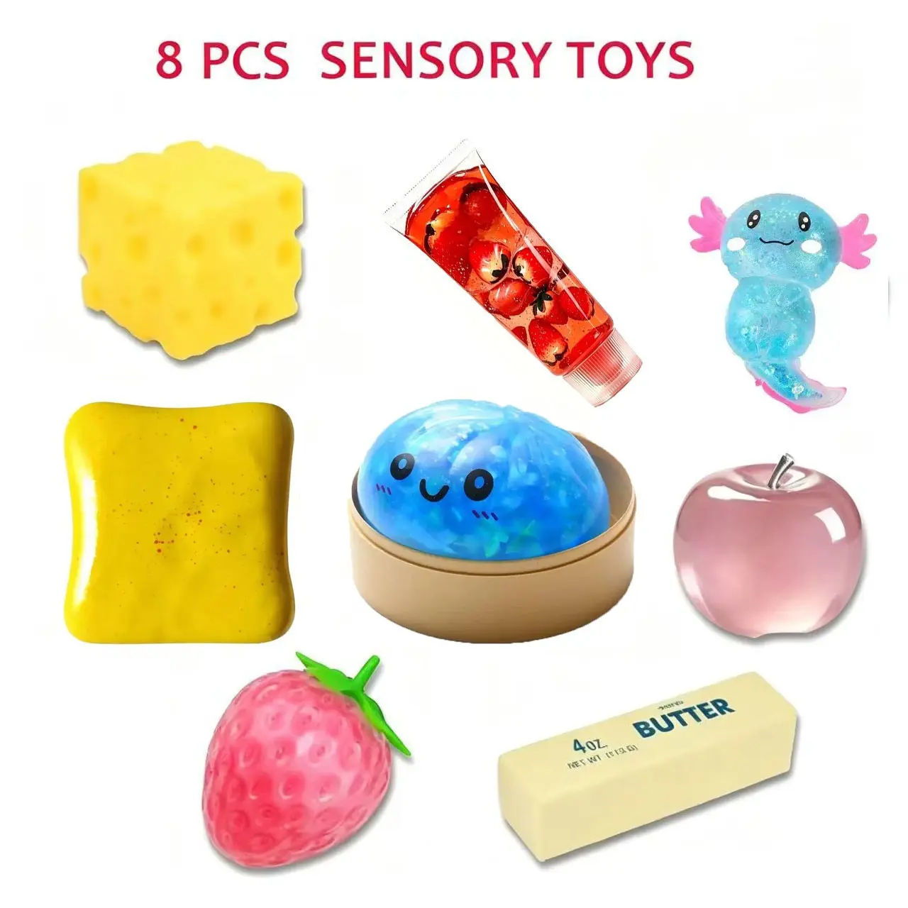 8-Piece Cute Soft Squishy Stress Relief Set, Sensory Relaxation Combo Pack, Sensory Fidget Tool, Perfect Party Gift and Holiday Present, Fun Toy Collection