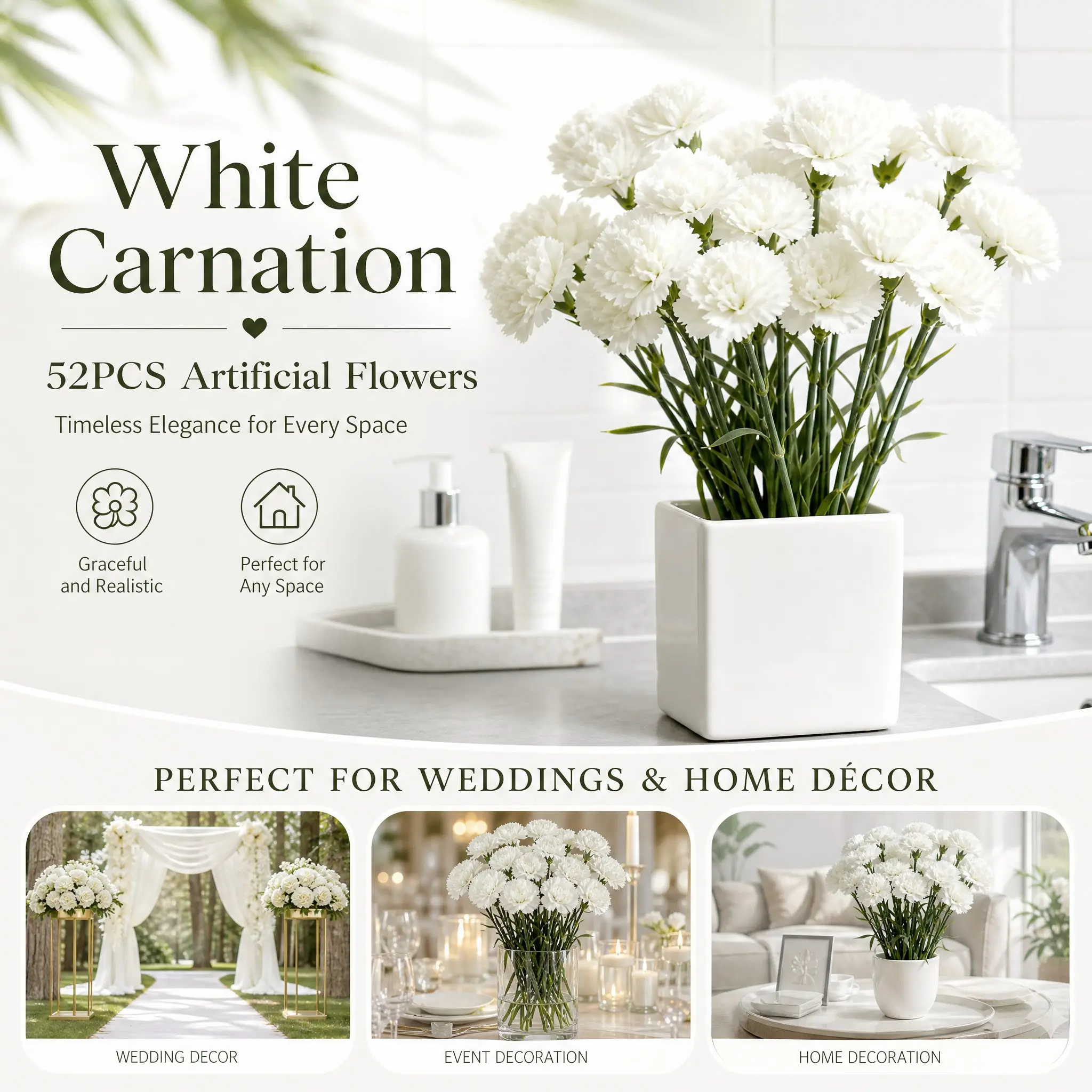 52pcs Artificial White Carnation Bouquet, Elegant Low-Maintenance Plastic Flowers, for Various Occasions Including St. Patrick's Day Mother's Day Easter Weddings and Cemetery Memorials