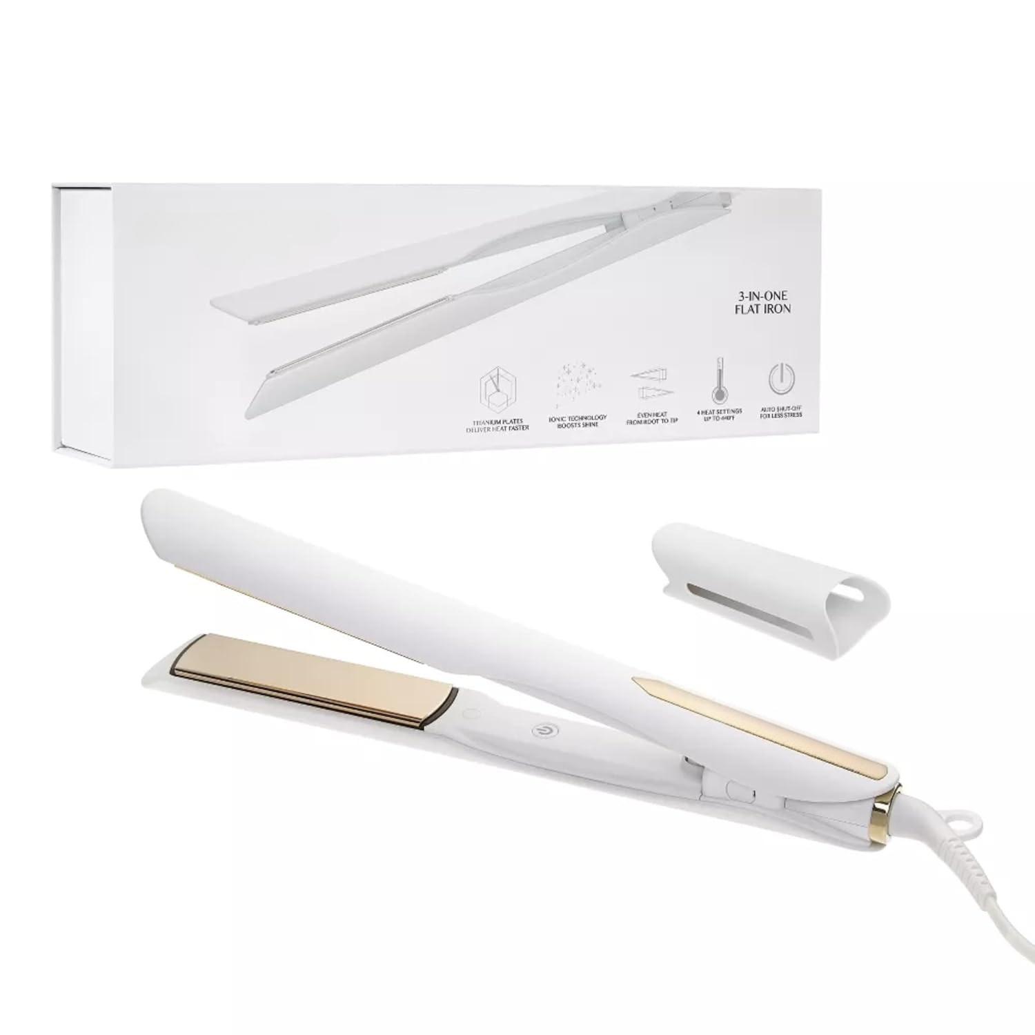 3-in-One Professional Titanium Hair Straightener Curler 2 in 1 + Beach Waver Combo for Women with Curly, Frizzy + Thick Hair - 1 1/4 Inch Dual Voltage Flat Iron + Travel Cap - 440 Degree