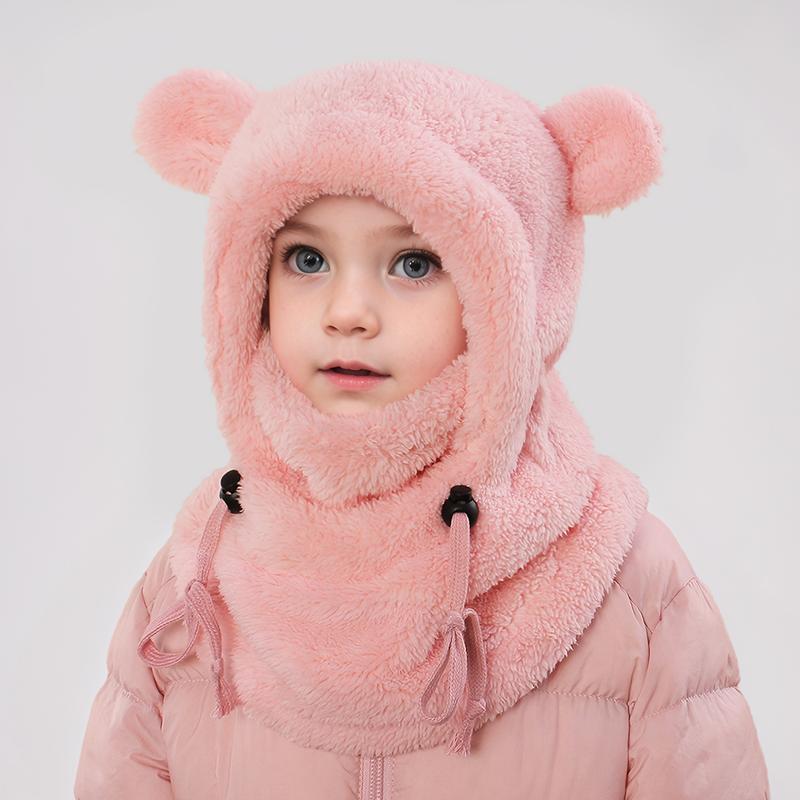 Kids Winter Cute Ear Warm Balaclava with Hood - Lightweight Windproof Face Mask for Outdoor Skiing & Cycling, Thickened Polyester, Adjustable Drawstring, Machine Washable, White with Black Accents