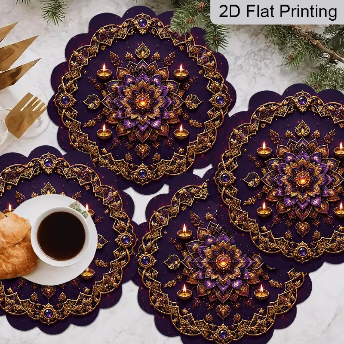 Set Of 4 Diwali Placemats, Dark Purple Gold Mandala Candle Heat Resistant Table Mats, Luxurious Decorative Pads, Diwali Table Decor, Hotel Restaurant Living Room Cafe Tableware, Home Decor