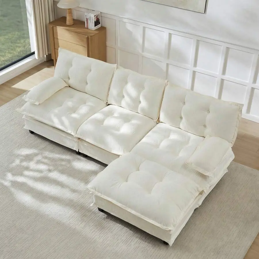 Rhomtree 107" L Shaped 3-Seater Cloud Sofa, Modular Sectional Couch, Modern Deep Seat Sofa Living Room, Comfy Lattice Decored Seat Cushion, Breathable Chenille
