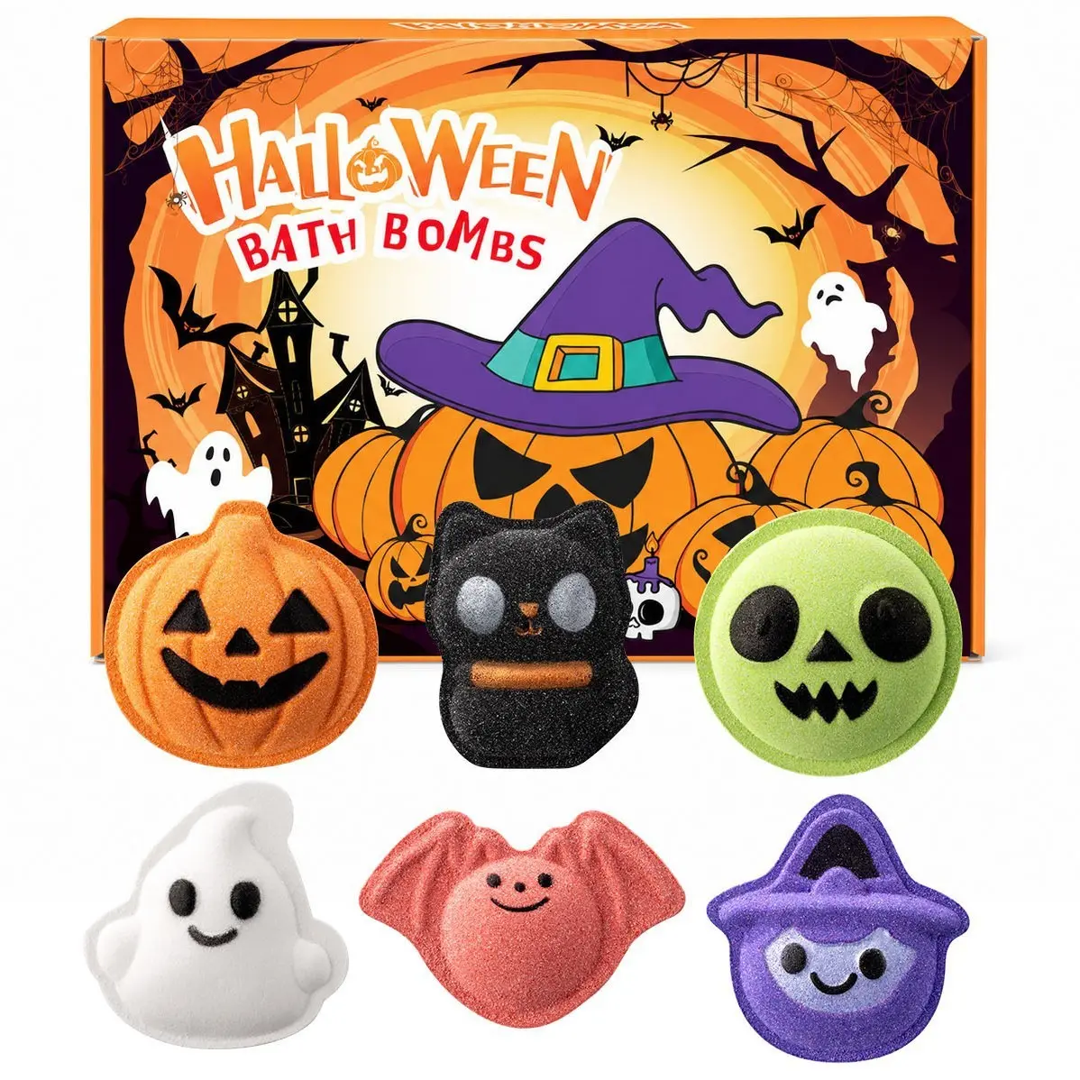Halloween Bath Salt Bombs Set, Pumpkin Head, Witch, Skull, Ghost, Cat, Bat, Relaxing Bath Treats, Perfect Halloween Gift