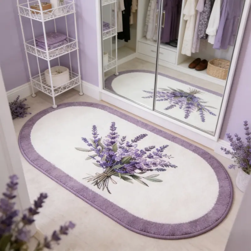 French pastoral style purple and white lavender bedroom bedside plush oval carpet fresh and healing light purple lavender bouquet living room sofa area thickened carpet Floral Area Rug Home Decor Rug