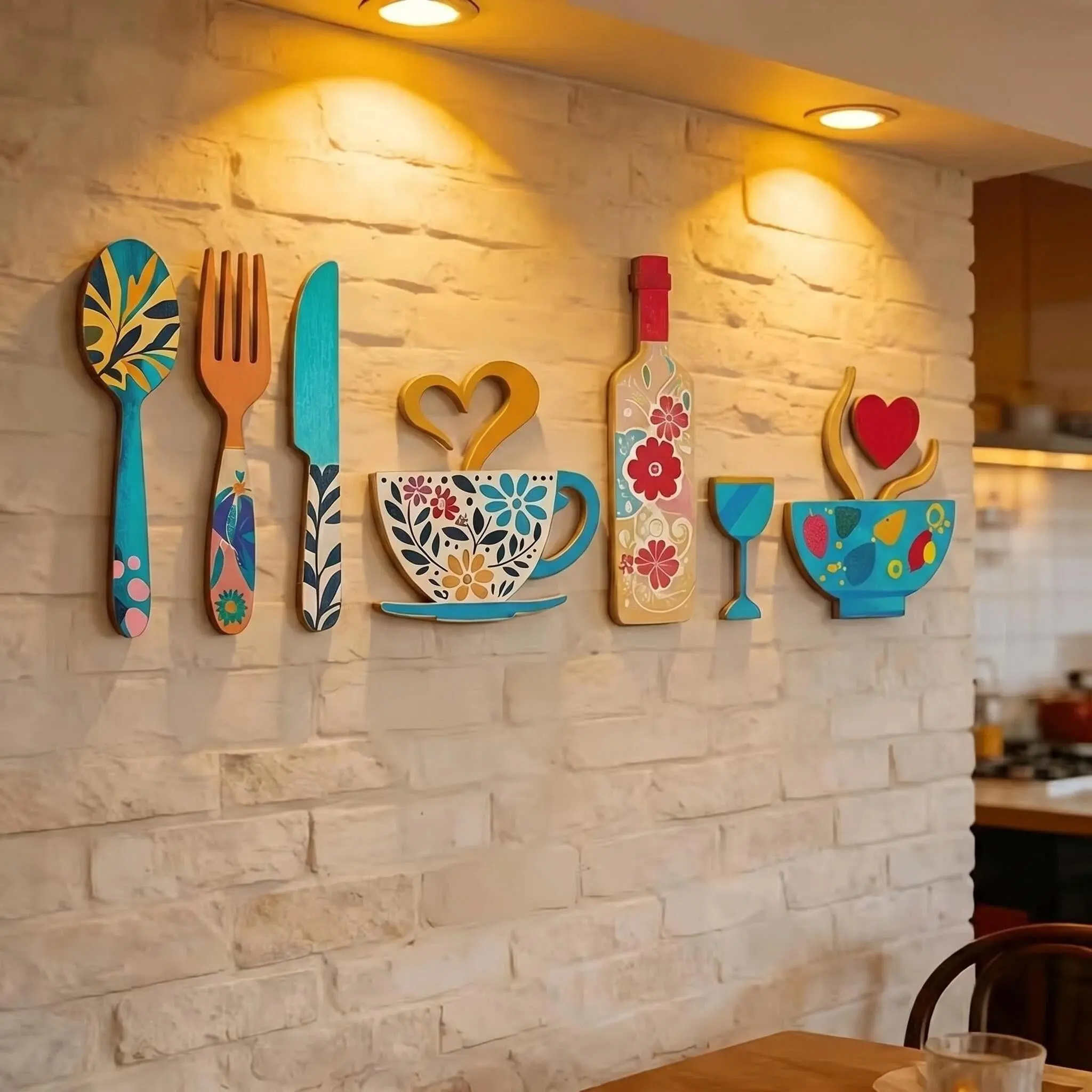 8-Piece Funny Wooden Wall Decor Set, Fork, Coffee Cup & Wine Glass Designs, Indoor Wall Art for Kitchen, Café, Bar & Holiday