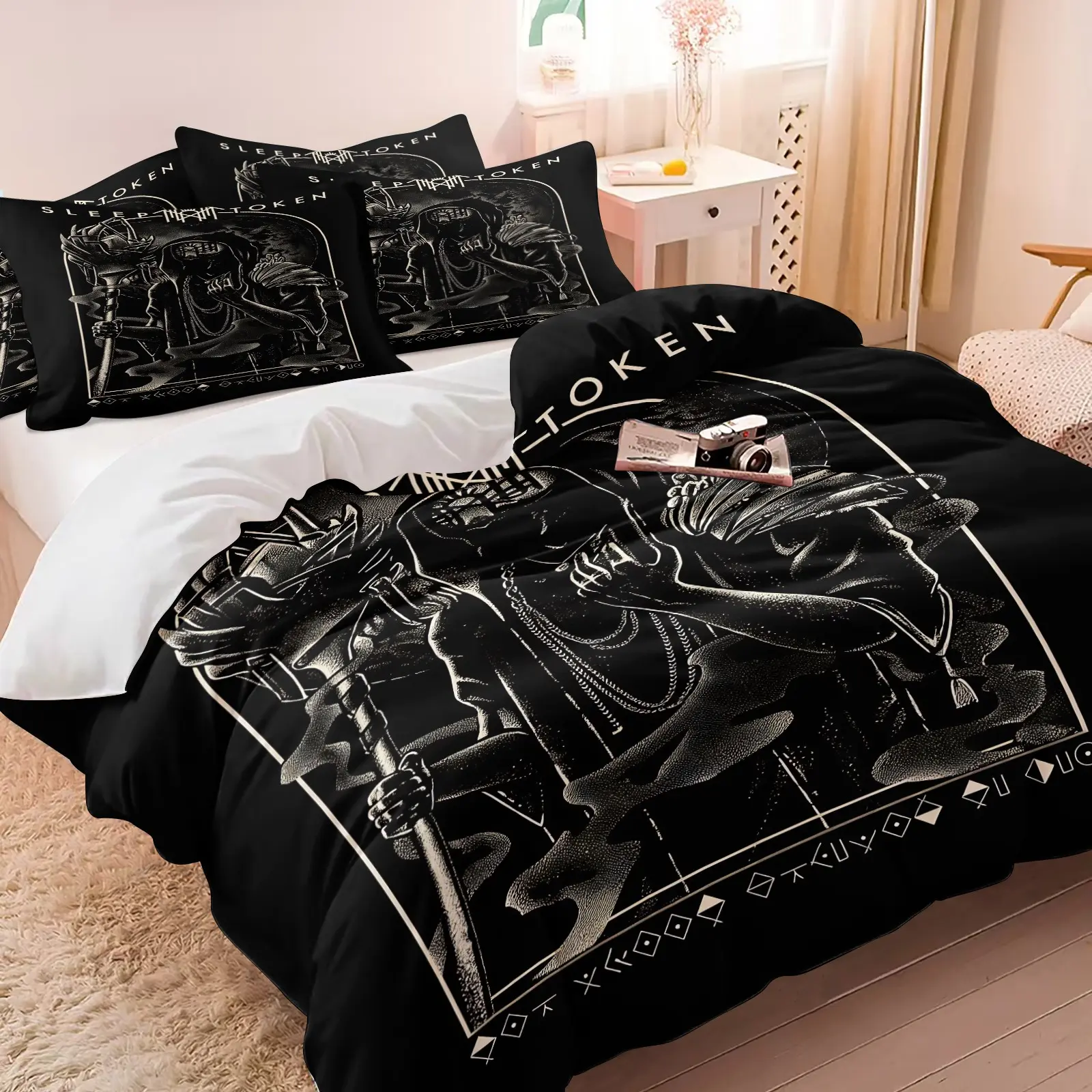 3PCS Sleep Token Band Duvet Cover Set (1 Duvet Cover + 1-2 Pillowcases), Black White Mysterious Priest Graphic Print, Skin-Friendly Soft Comfy All Seasons Theme Bedding Set, Perfect for Rock Metal Fans & Dark Gothic Bedroom