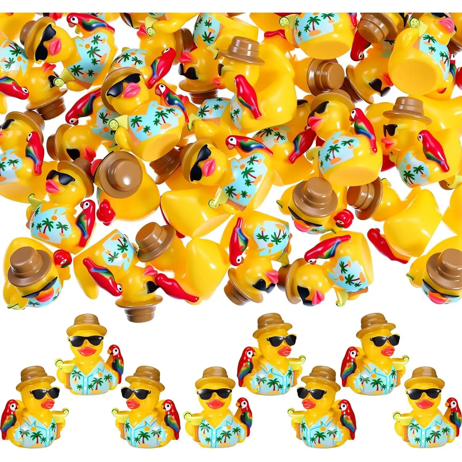 RoundFunny 50 Pcs Smooth Tropical Mini Resin Ducks with Parrot Accents, Hawaiian Luau-Themed Bulk Figurines for Table Desk Decor, DIY Landscape, Party Gifts & Cake Craft Car Ornaments