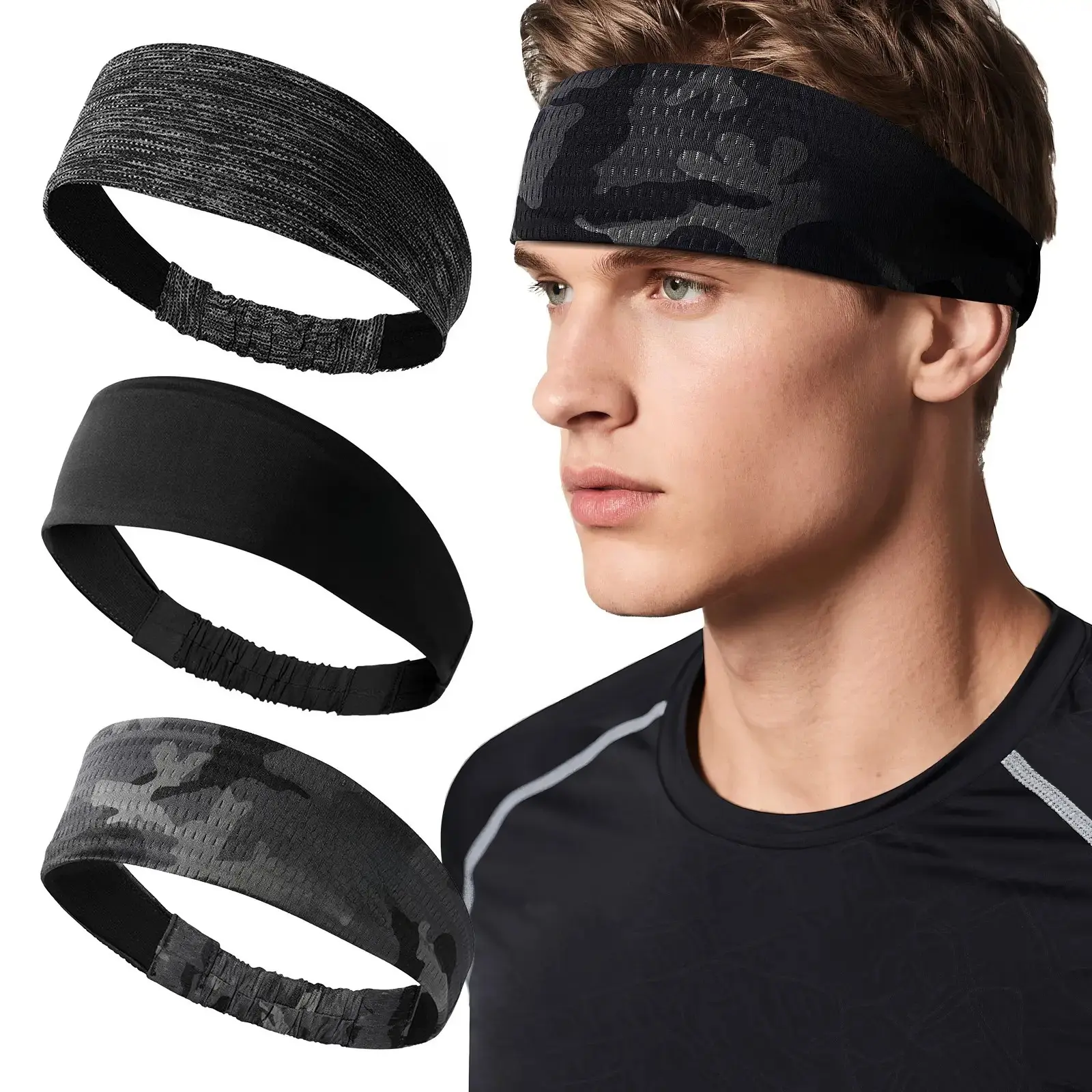 Men’s & Women’s 3-Pack Adjustable Stretchy Training Sports Headbands, Non-Slip Wide Fast-Dry Moisture-Wicking Elastic Comfort-Fit Sweat-Absorbing Bands for Running, Gym, Yoga, Stretchy Headbands, Training Headband