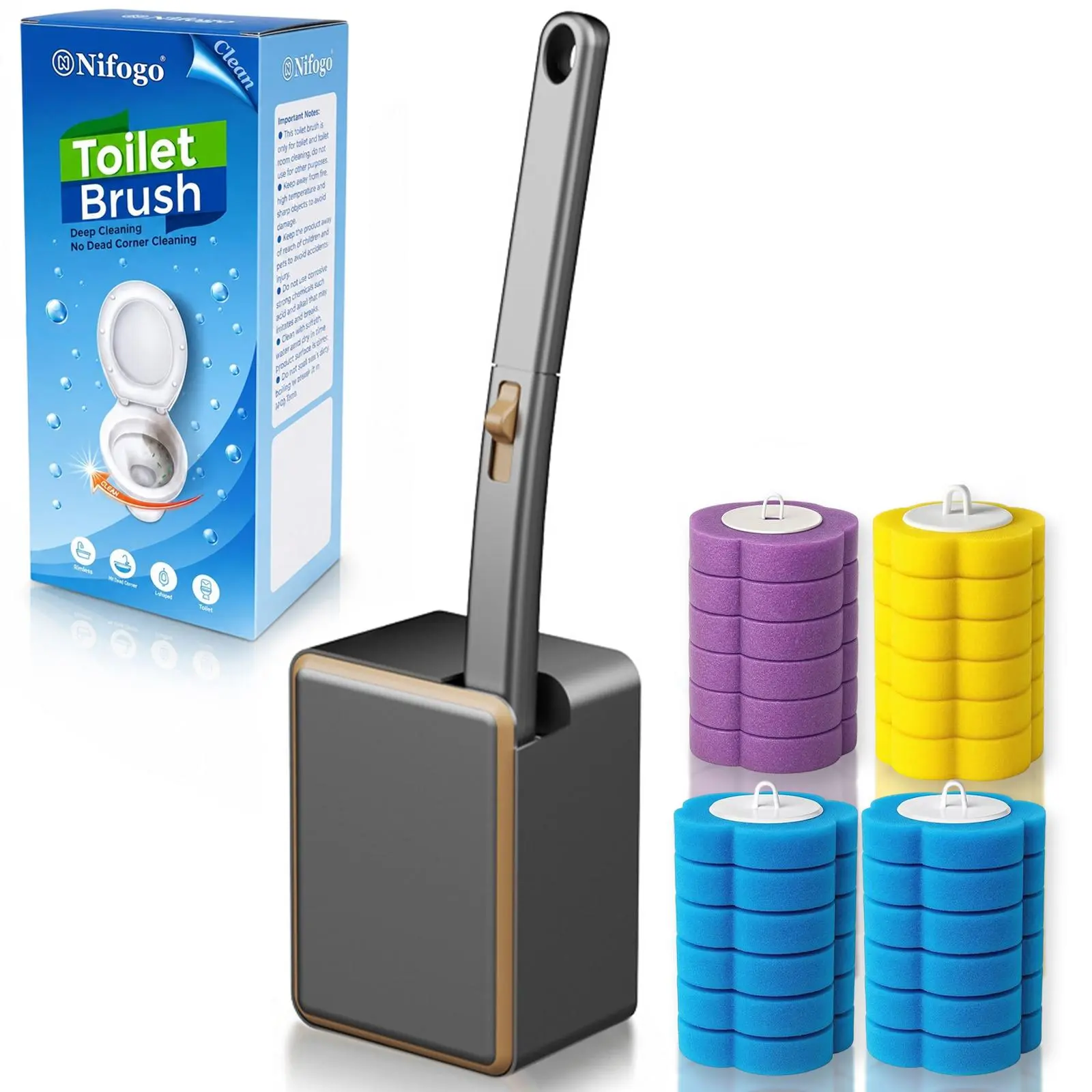 Nifogo Wall-Mounted Toilet Brush & Wand Holder Set - 24PCS Toilet Scrubber Refills, Triple-Layer Sponge Heads, 360° Deep Clean, Odour Control, Flexible, Multi-Surface Bathroom Tool, Hassle-Free Cleaning
