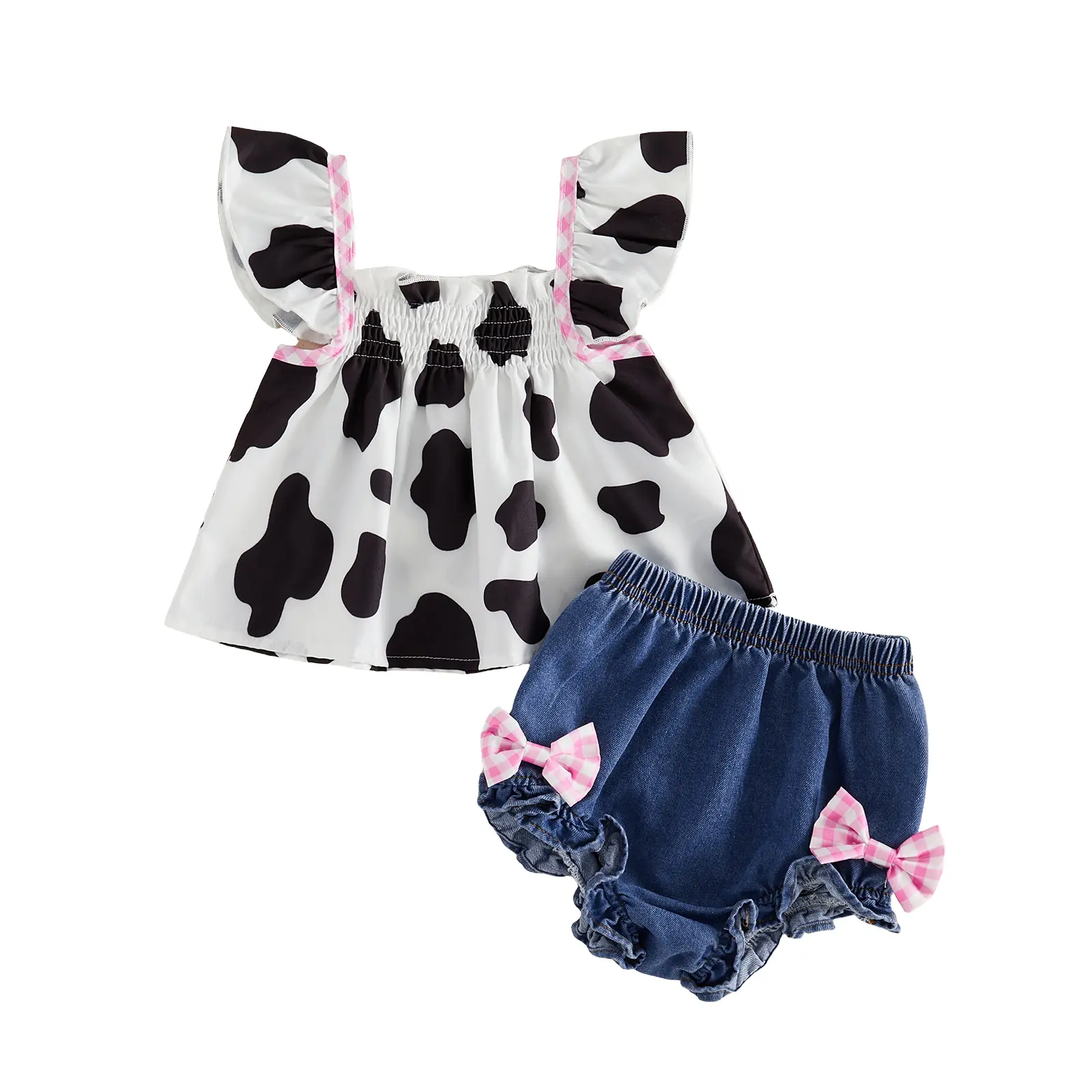 Western Toddler Girl Clothes Cow Print Shirt Ruffle Sleeve Button Tops and Shorts Set Denim Outfits Jean Shorts Set