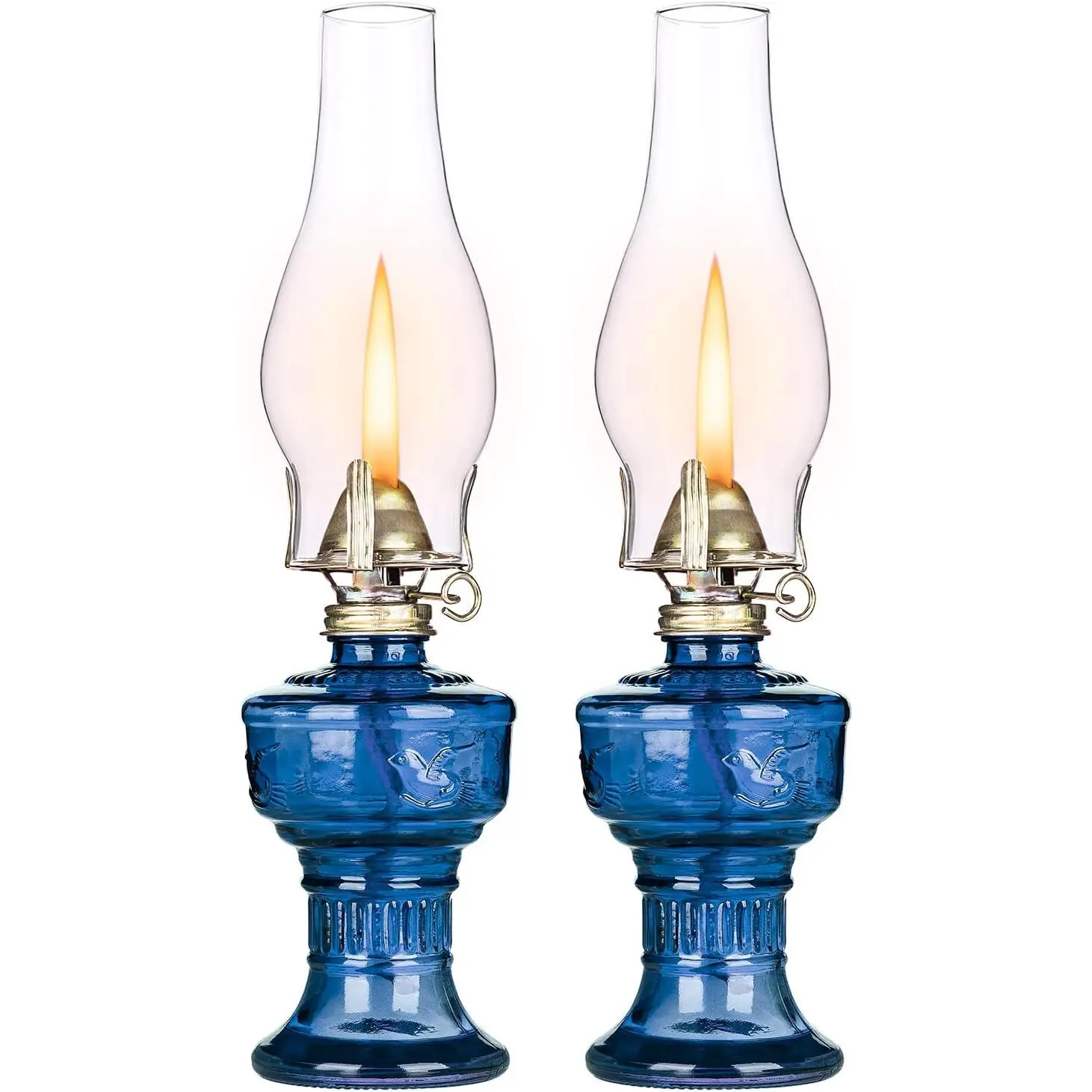 2 Pcs Vintage Indoor Kerosene Oil Lamps Rustic Hurricane Lantern with Adjustable Wick for Tabletop Decor & Emergency Lighting, 12.6'' High Blue