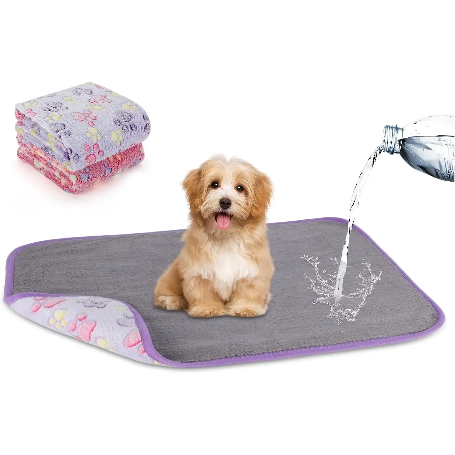 2-Pack Waterproof Washable Dog & Cat Blankets - Soft Plush Fleece Flannel, Fleece Mylar, Reversible Warmth, Heat Retention, Leak Protection, Paw Prints, Bed/Couch/Sofa Protector for Small Pets, 23"×16" Purple+Pink, Two-Pack
