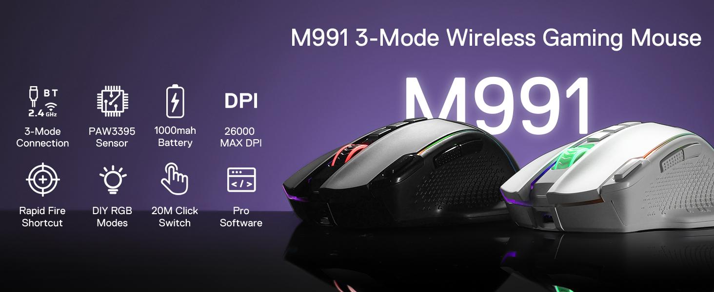 Redragon M991 Wireless Gaming Mouse, 26000 DPI 3-Mode Gamer Mice w/Rapid Fire Key, 9 Macro Buttons, Powerful Capacity and RGB Backlight for PC/Mac/Laptop, White