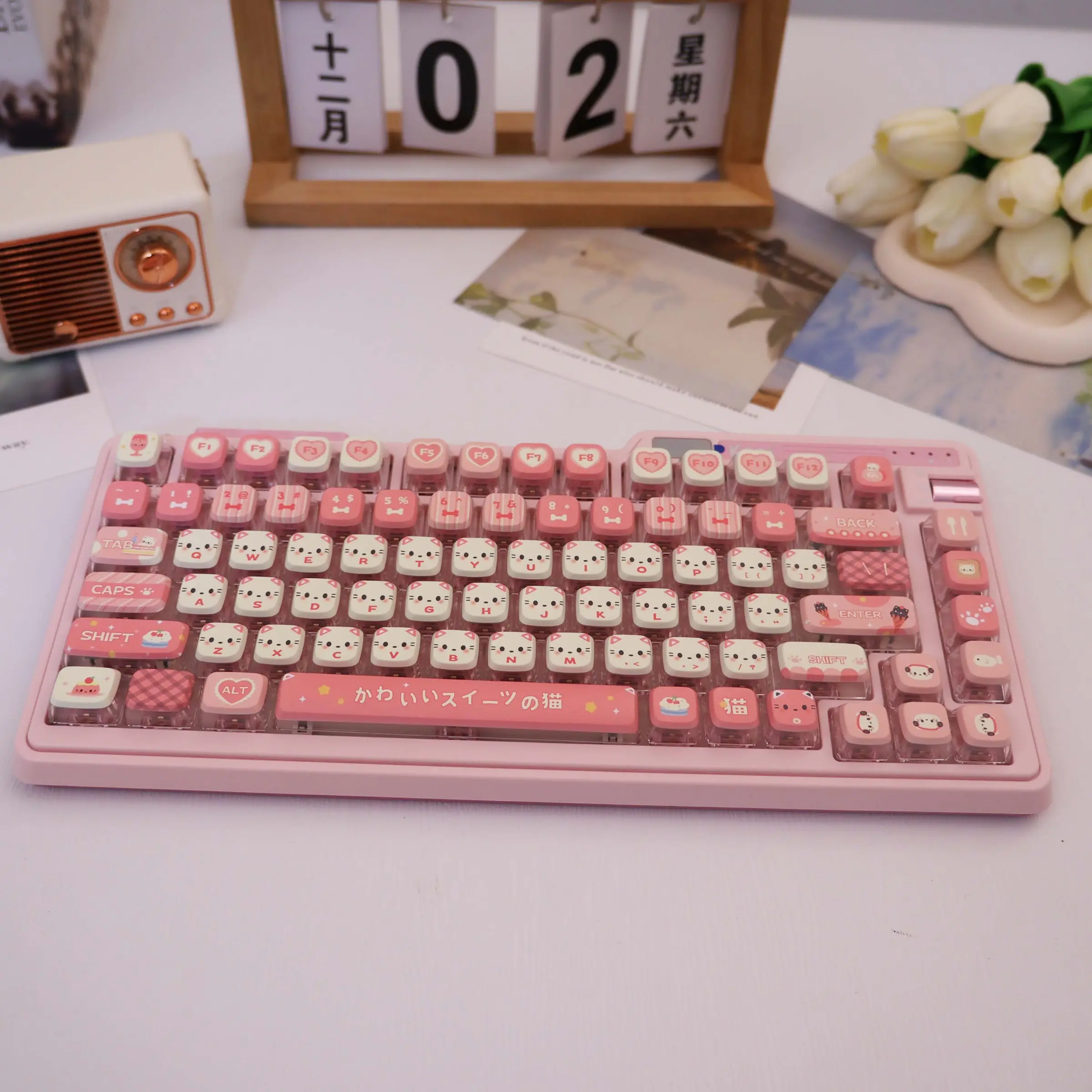 122 Key Pudding Capsules, Keyboard Keycaps, Cat Treat Pattern, Four-Sided RGB Lighting, Compatible with 60% 75% Tkl 96% 100% Mechanical Gaming Keyboard